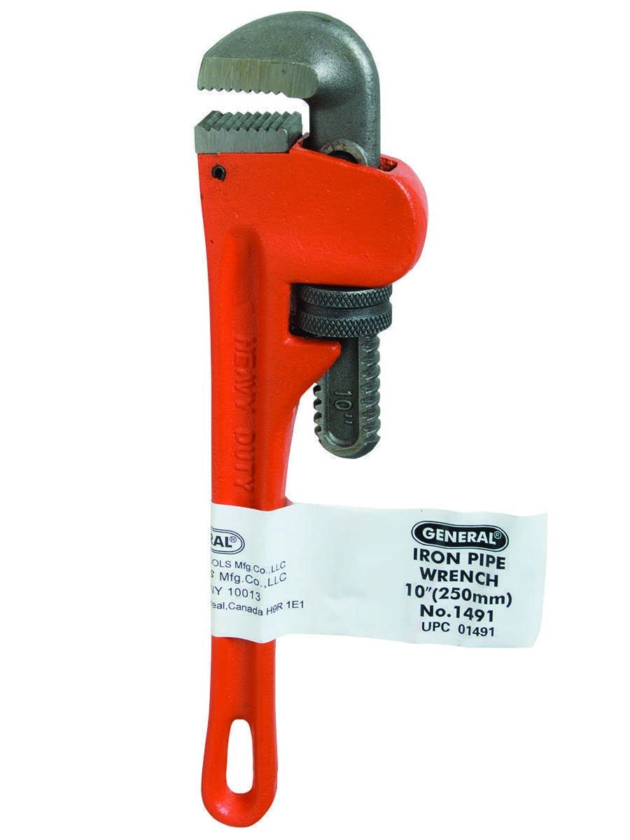 General Tools 1491 10-Inch Straight Iron Pipe Wrench - Heavy Duty Plumbing Tool for Home Repairs & DIY Projects - Perfect for Tightening, Loosening, and Adjusting Pipes in Plumbing, HVAC, and Construction Work