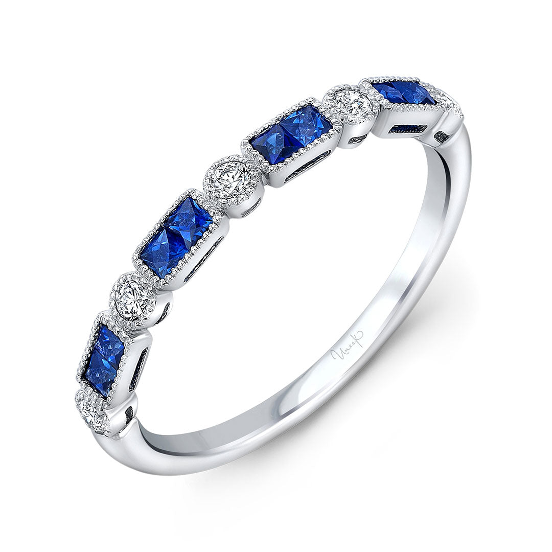 14K White Gold Sapphire & Diamond Milgrain Halfway Band Ring - Perfect for Engagement, Wedding, Anniversary & Special Occasions