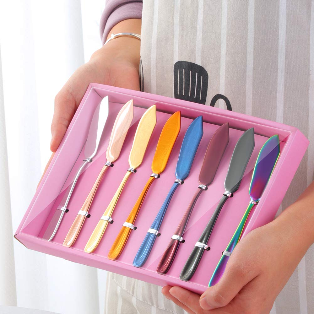 Premium 18/10 Stainless Steel Butter Knives Set - 6.1 Inch Colorful Cheese Spreaders with Pink Gift Box (Set of 8) - Dishwasher Safe for Easy Cleaning - Perfect for Dinner Parties, Cheese Boards & Wedding Gifts