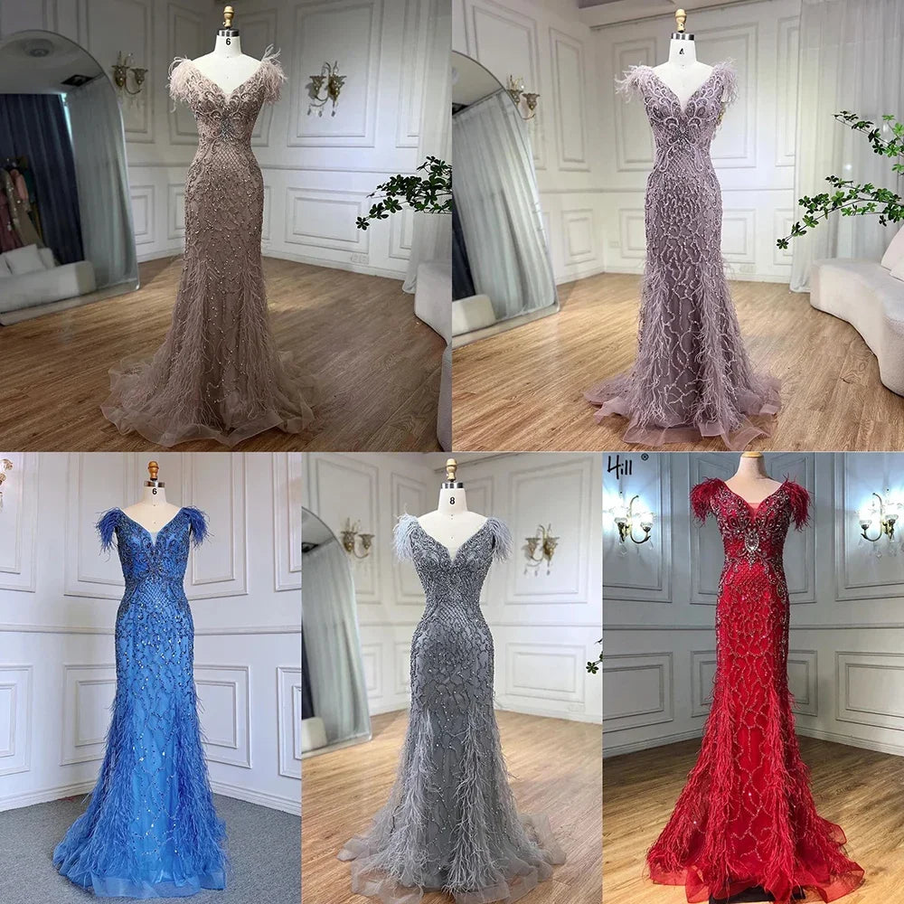 Elegant Champagne Mermaid Evening Dress with Diamond Feathers - Sleeveless Formal Beaded Gown for Women | Perfect for Prom, Wedding Guest & Black Tie Events - LA70350