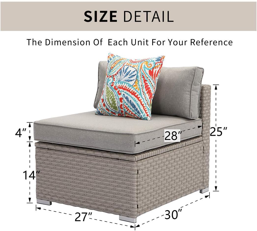 HOMPUS Outdoor Patio Furniture - Gray Wicker Armless Chair with Cushion & Pillow - Weather-Resistant Garden, Pool, Backyard Seating for Relaxation & Entertaining