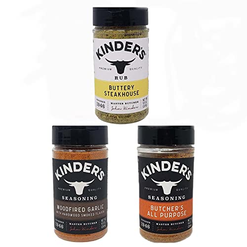 Premium Kinders Seasoning Variety Pack - Woodfired Garlic, Butchers All Purpose & Buttery Steakhouse (3-Pack, 9.5 oz Each) - Gourmet Spice Blends for Grilling, Roasting & BBQ - Bulk Seasonings for Steak, Chicken & Vegetables