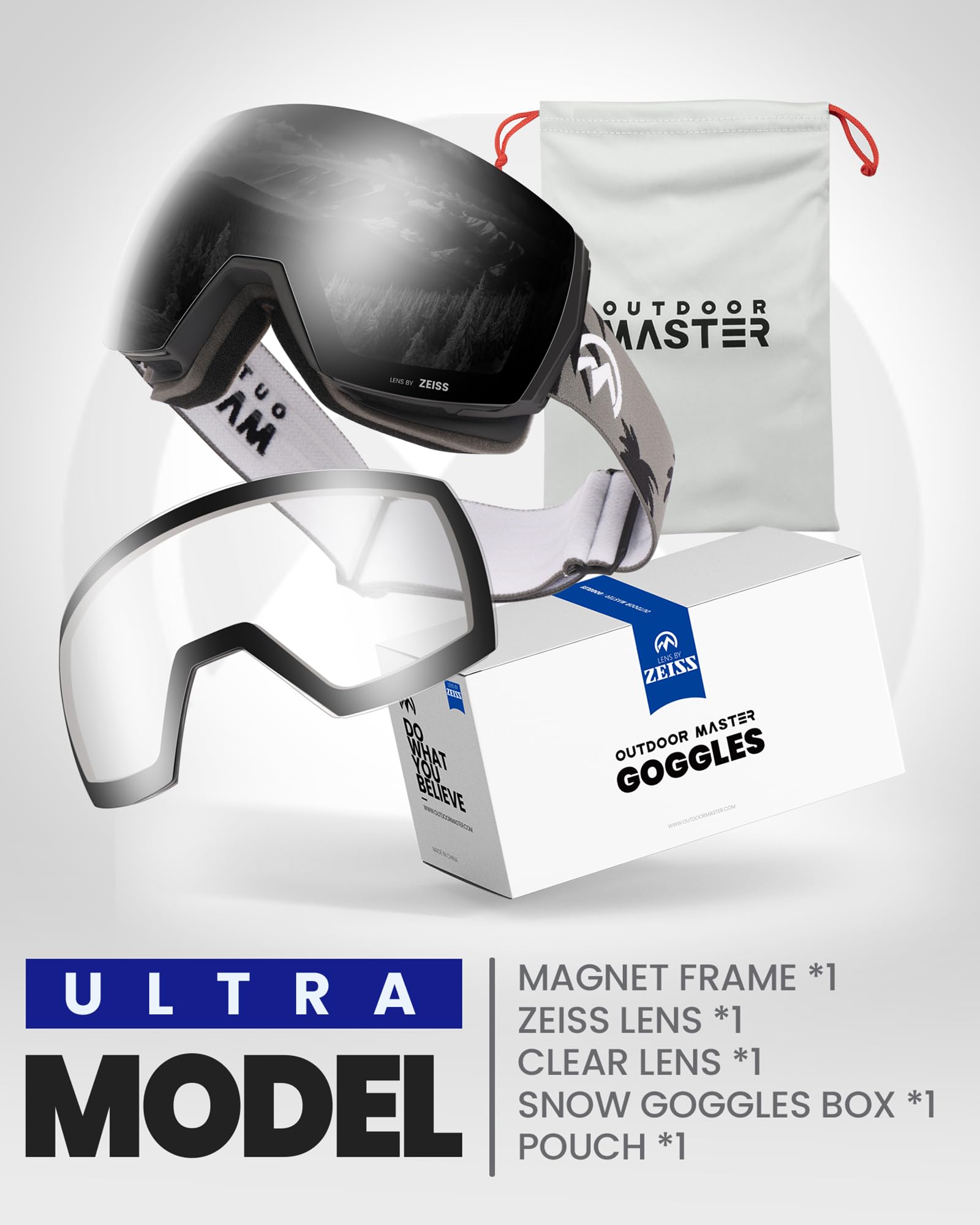 OutdoorMaster Ultra Ski Goggles with ZEISS Lens - Anti-Fog OTG Snowboard Goggles, Wide View Interchangeable Lens for Men & Women - Perfect for Skiing, Snowboarding & Winter Sports