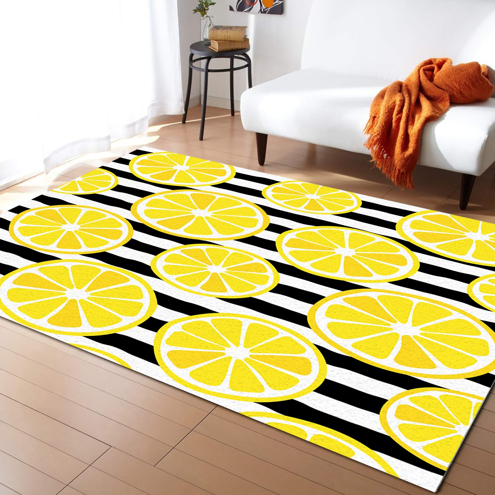 4x6ft Large Non-Slip Area Rug - Tropical Lemon Slices Summer Fruit Design for Living Room, Bedroom, Hallway - Indoor/Outdoor Decor Rug in Black & White Stripes | Perfect for Home, Nursery, and Patio Use