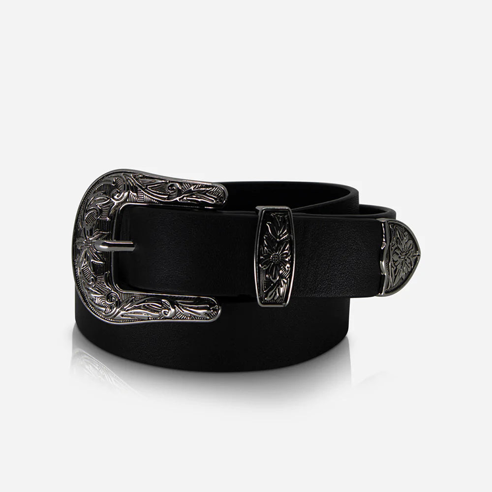 Western Belt Leather for Men - Black & Silver Buckle | Stylish Cowhide Belt for Jeans, Boots & Western Outfits