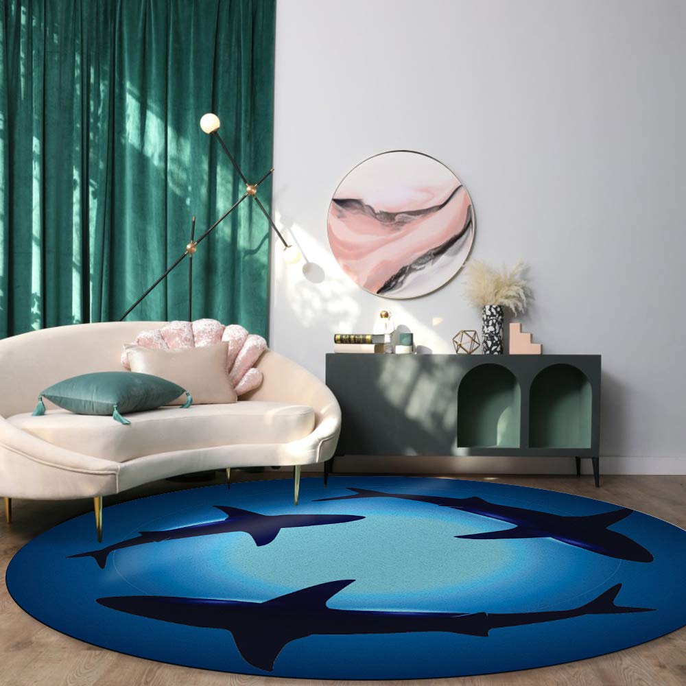 Large Round Area Rug for Bedroom & Living Room - Non-Slip Undersea Shark Silhouette Carpet, 3.3ft Washable Floor Mat in Black & Blue - Perfect for Kids Room, Dorm Decor & Home Office (Thalassophobia Theme)