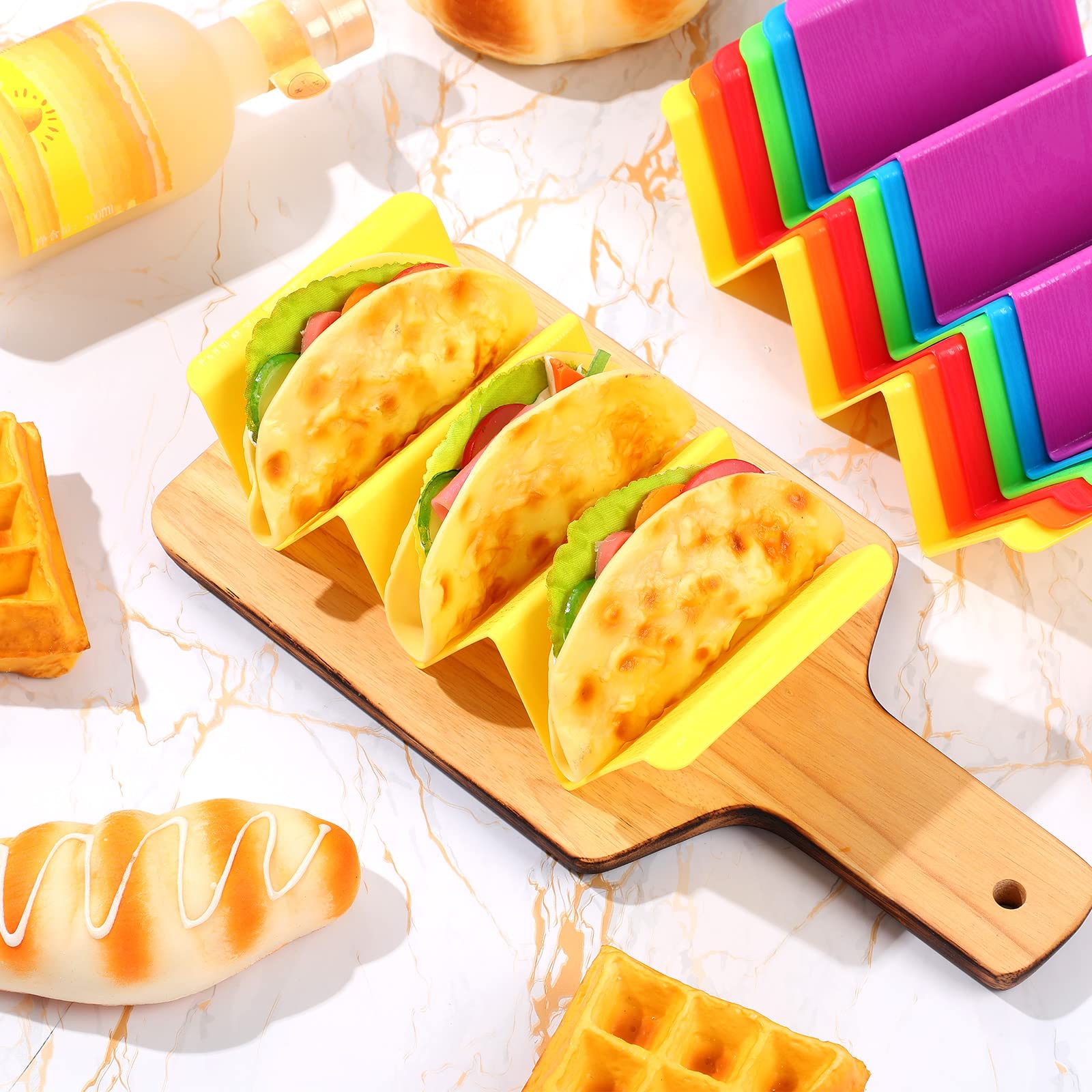 Nuogo 30-Pack Colorful Plastic Taco Holder Stand - Large Taco Tray Plates Holds 2-3 Tacos Each, Sturdy Tortilla Rack Server for Parties, Dishwasher & Microwave Safe - Perfect for Taco Tuesday, Mexican Fiesta & Family Gatherings