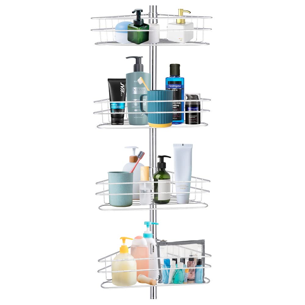 Rustproof 4-Tier Adjustable Shower Caddy Corner Shelf - Bathroom & Bathtub Organizer with Tension Pole (8.9-9.5 FT Height) - Perfect for Small Spaces & Clutter-Free Showers