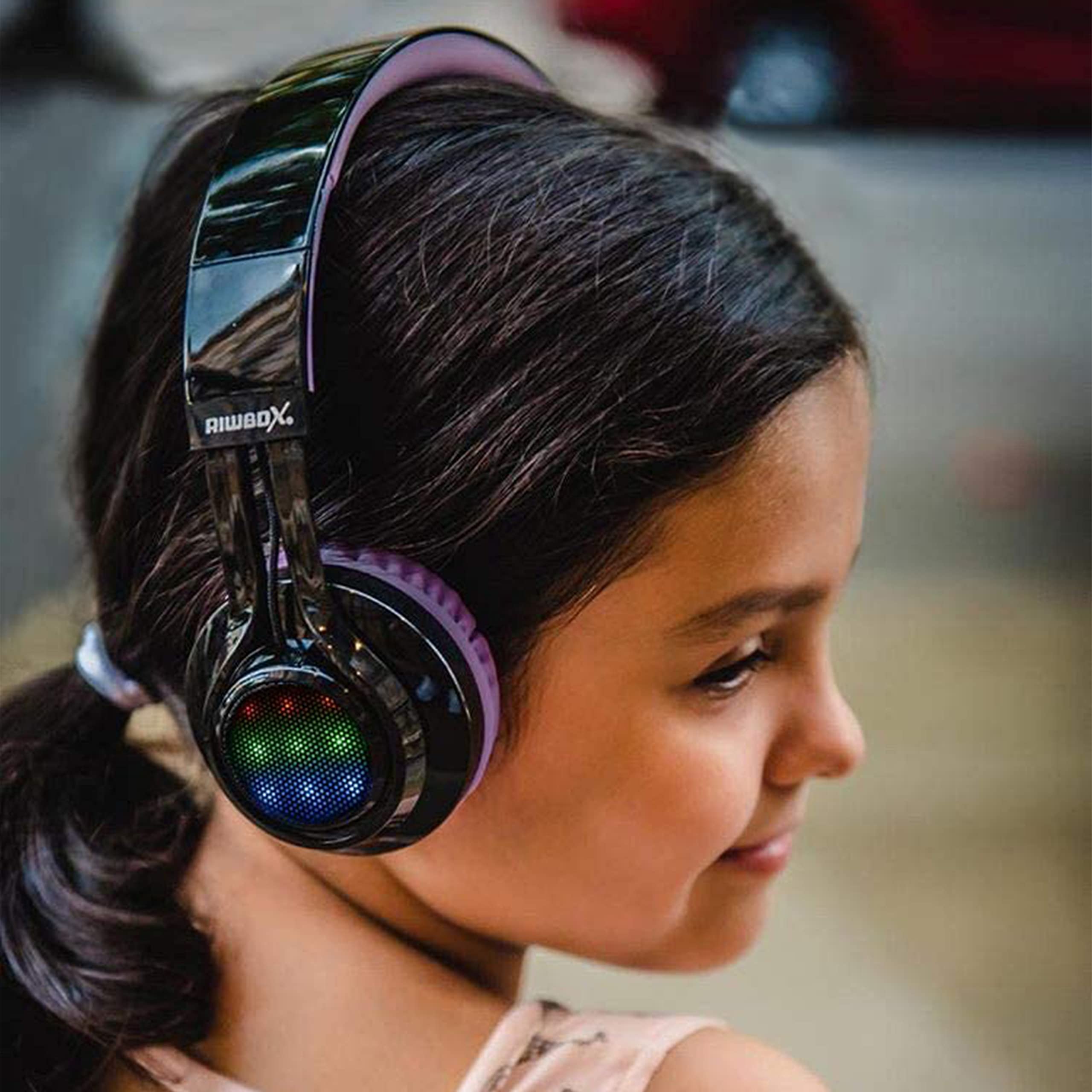 Riwbox AB005 Wireless Bluetooth Headphones for Kids with Microphone, LED Lights & FM Radio - Foldable Design, TF Card Slot - Compatible with Tablets, PC, TV (Black & Purple) - Perfect for School, Travel & Home Entertainment