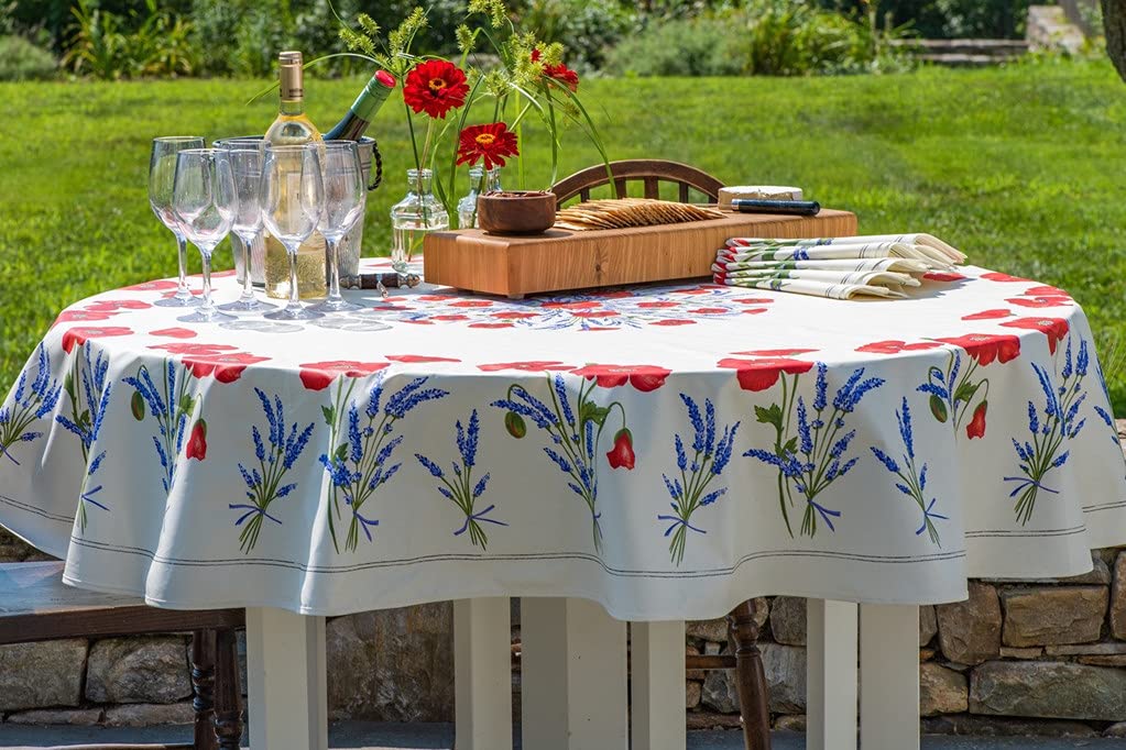 Amelie Michel Wipe-Clean French Tablecloth - Poppies Ivory Design | 100% Cotton Acrylic-Coated Fabric | Spill Proof & Easy Care | 70-Inch Round Dining Table Cover | Perfect for Outdoor Picnics & Formal Dinner Parties