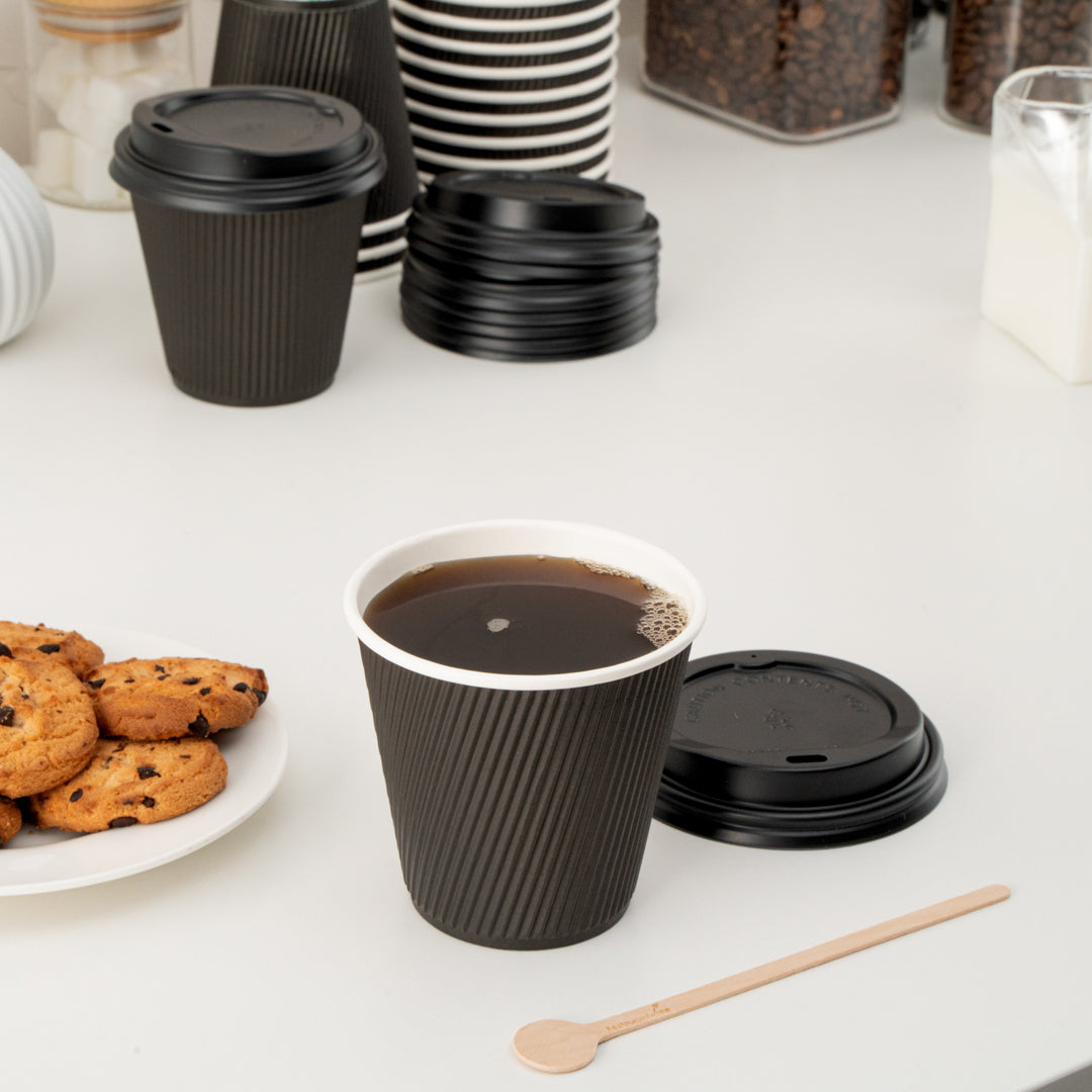 8 oz Black Ripple Wall Paper Coffee Cups with Lids - 20 Count Bulk Pack (3.5