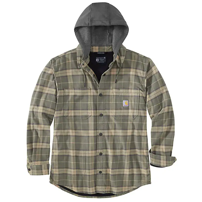 Rugged Flex Relaxed Fit Flannel Fleece Lined Hooded Shirt Jacket for Men - Dusty Olive - Perfect for Outdoor Adventures & Casual Wear