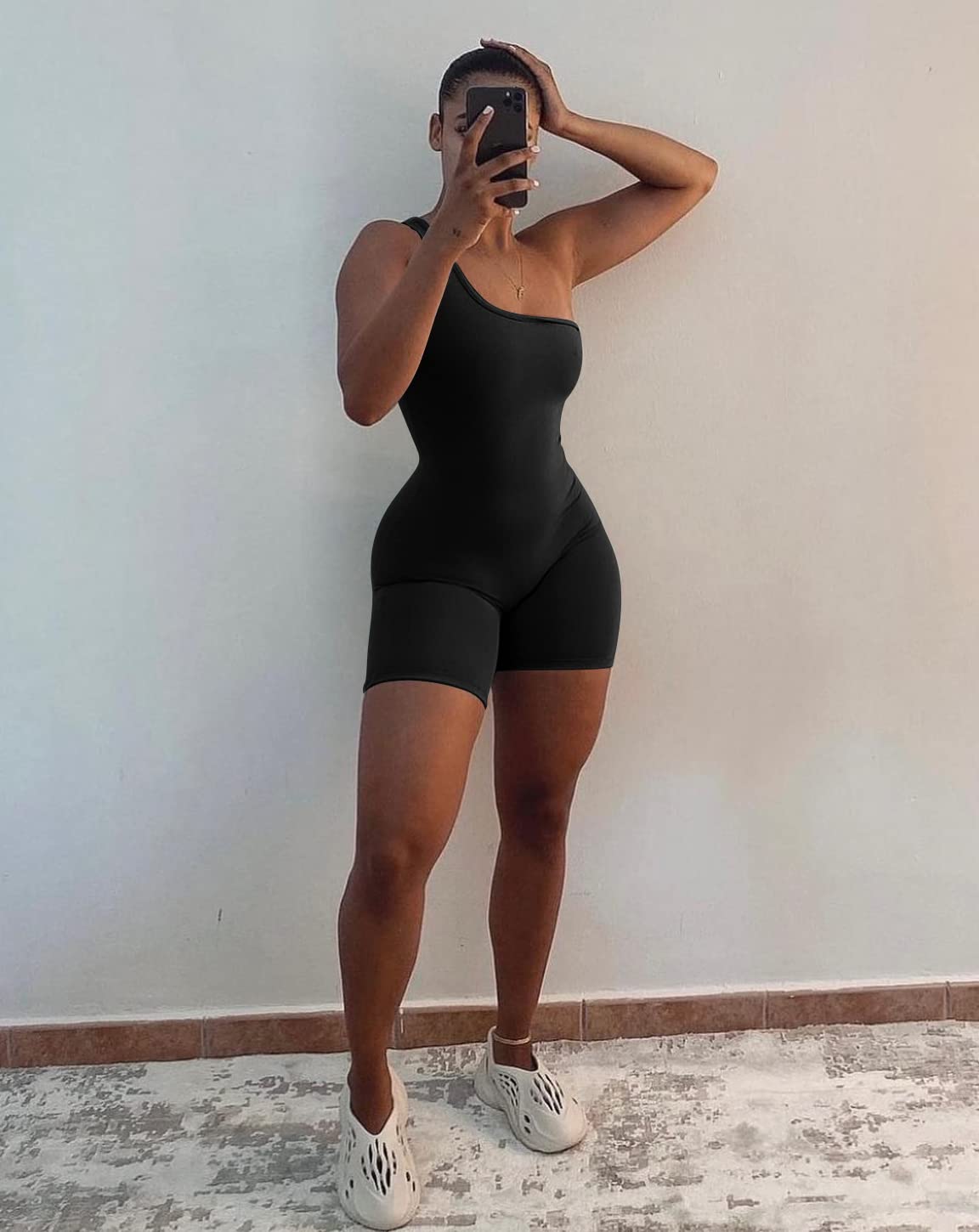 GOBLES Women's Sexy One Shoulder Sleeveless Bodycon Jumpsuit - Stretchy Short Romper for Night Out, Club Wear & Summer Party Outfit
