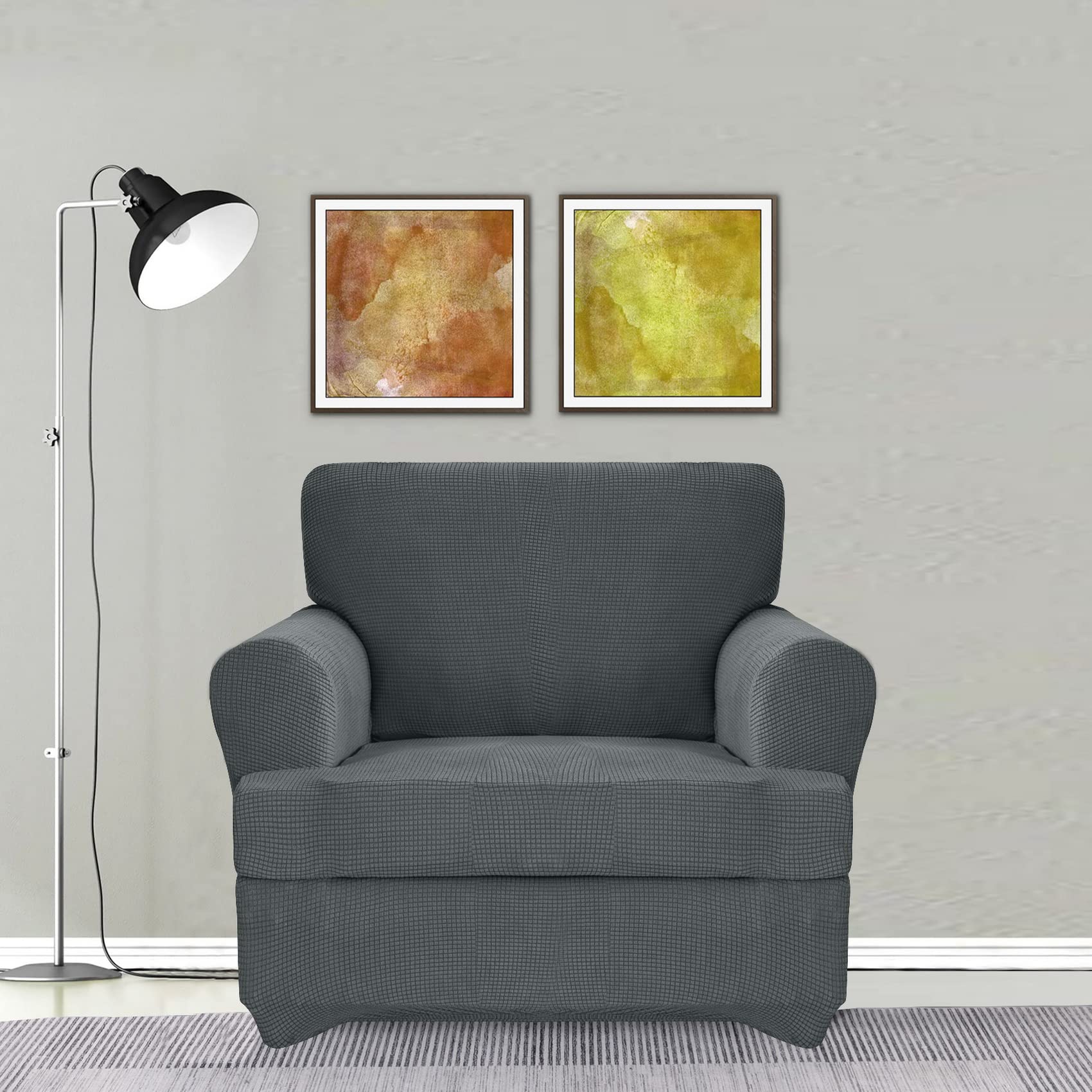 2-Piece Stretch Sofa Covers for T-Cushion Chairs - Furniture Protector Slipcovers with 1 Extra T-Cushion Seat Cover (Light Gray, Oversized Chair) - Perfect for Living Room, Office & Pet-Friendly Homes