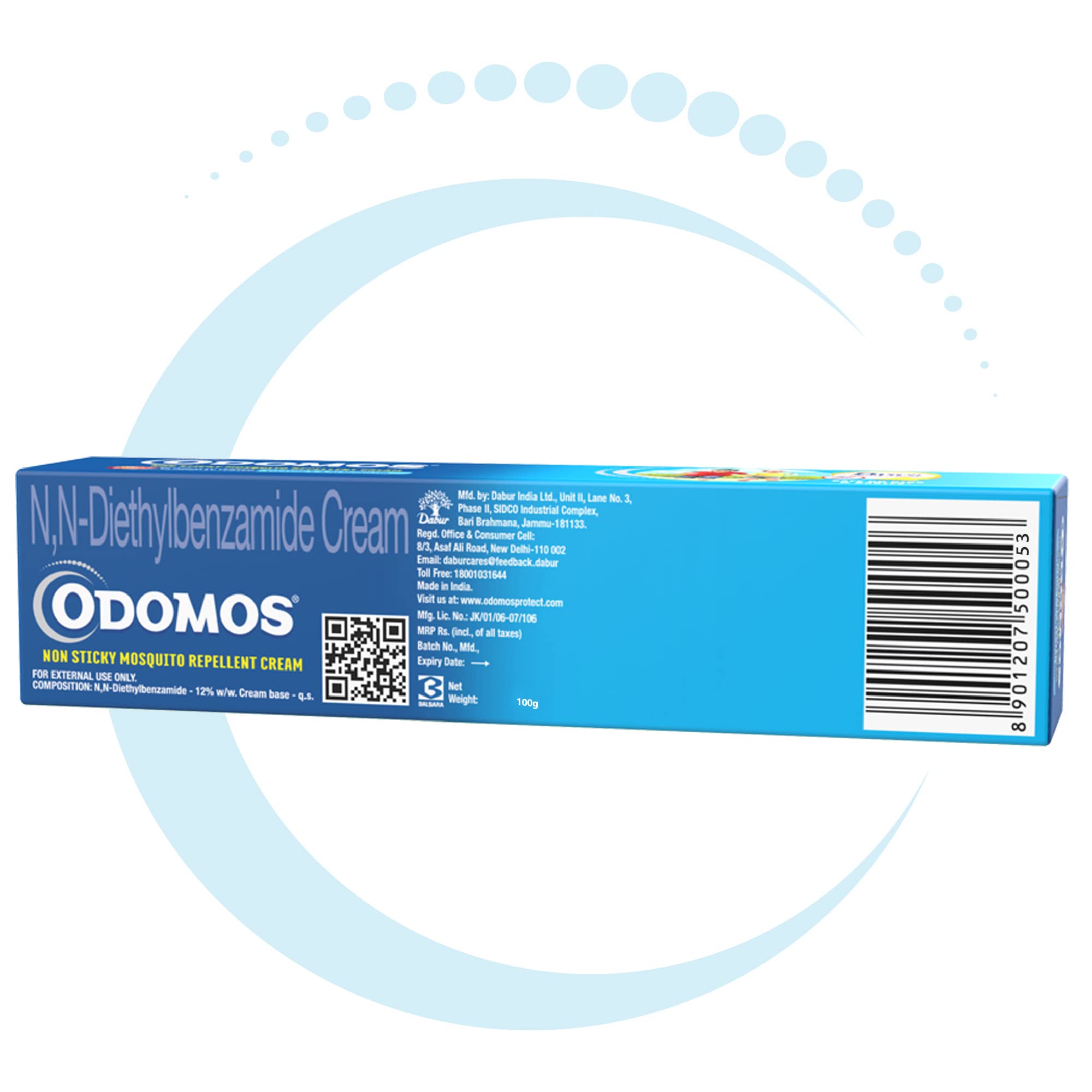 Dabur Odomos Non-Sticky Mosquito Repellent Cream with Vitamin E & Almond Oil - 100g | Natural Protection for Outdoor, Camping & Travel | DEET-Free Formula for Kids & Adults