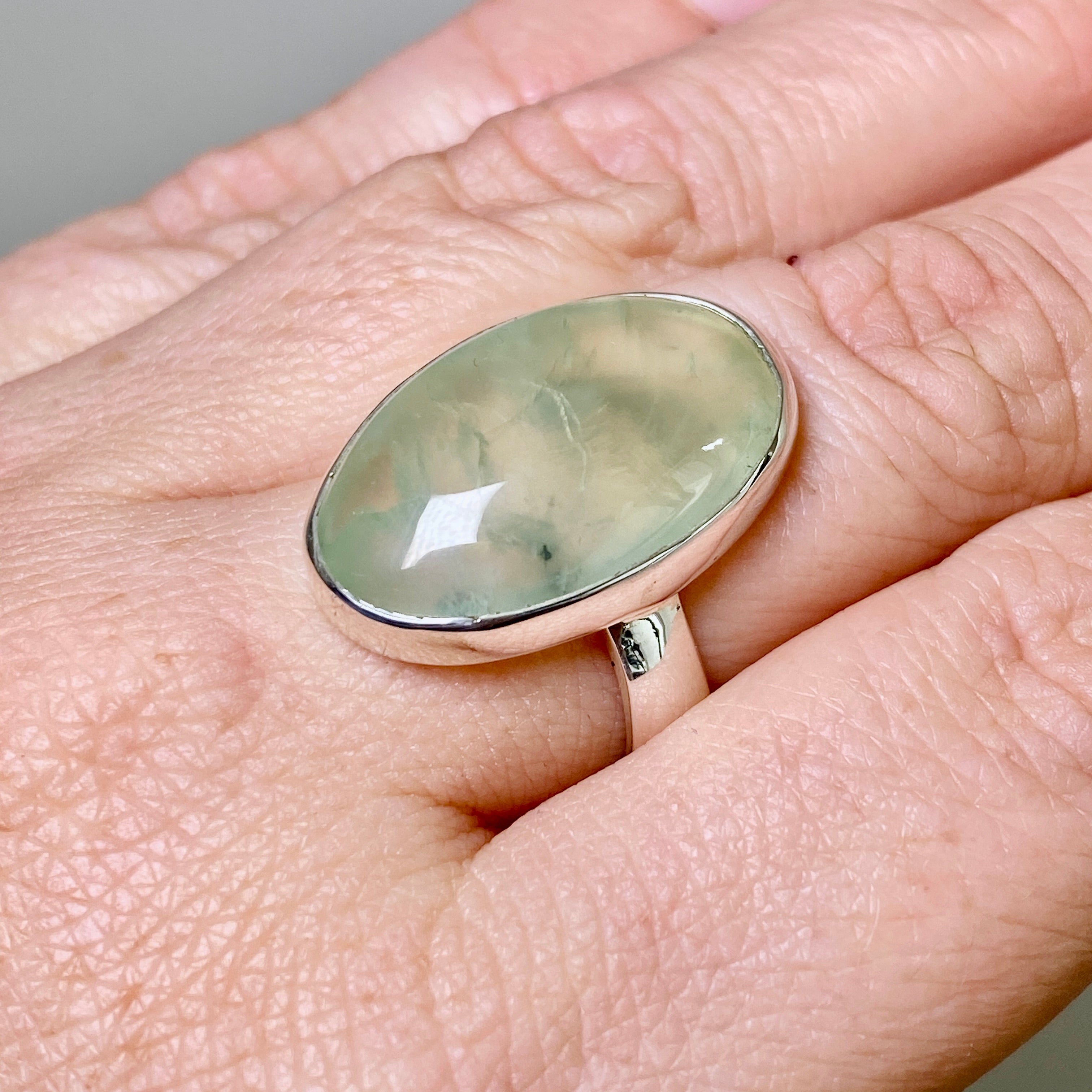 Prehnite Oval Cabochon Ring - Size 8 Sterling Silver Jewelry KRGJ3355 | Perfect for Boho Chic Outfits & Spiritual Healing