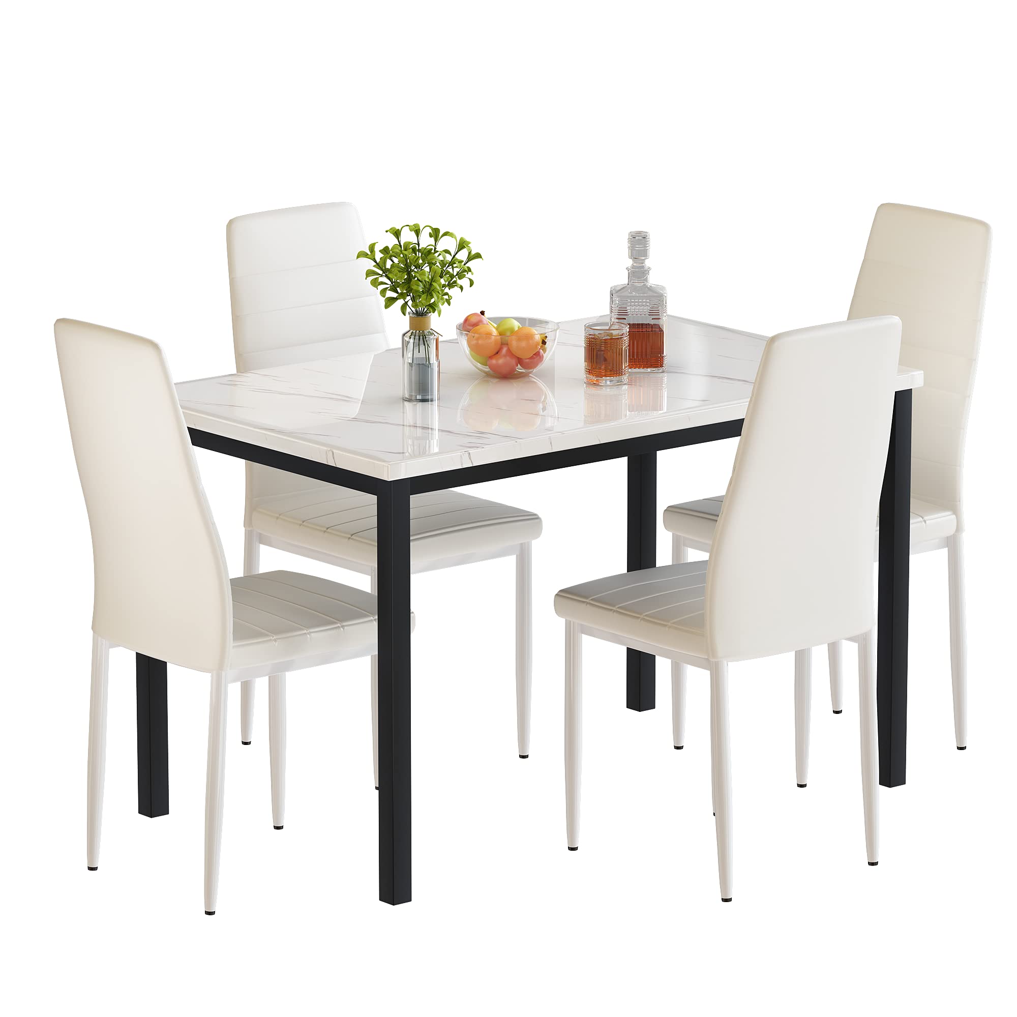 AWQM 5-Piece Dining Table Set with Faux Marble Top & Faux Leather Chairs - Kitchen, Breakfast Nook & Dining Room Furniture in White & Beige - Perfect for Small Spaces, Apartments & Modern Home Decor