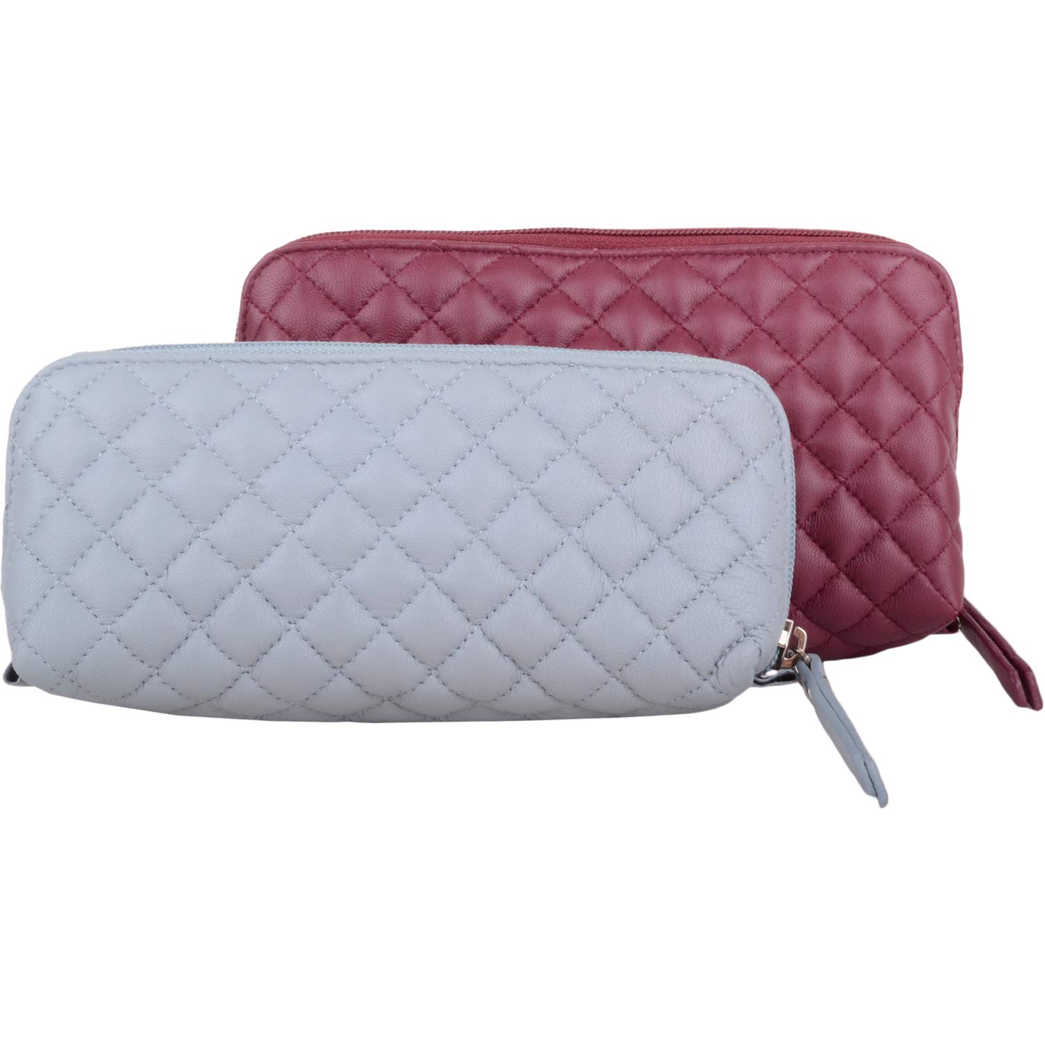 Women's Twin Pack Soft Leather Quilted Cosmetic Pouch Set - Makeup Bag & Pencil Case Organizer for Travel, School, and Daily Essentials Storage