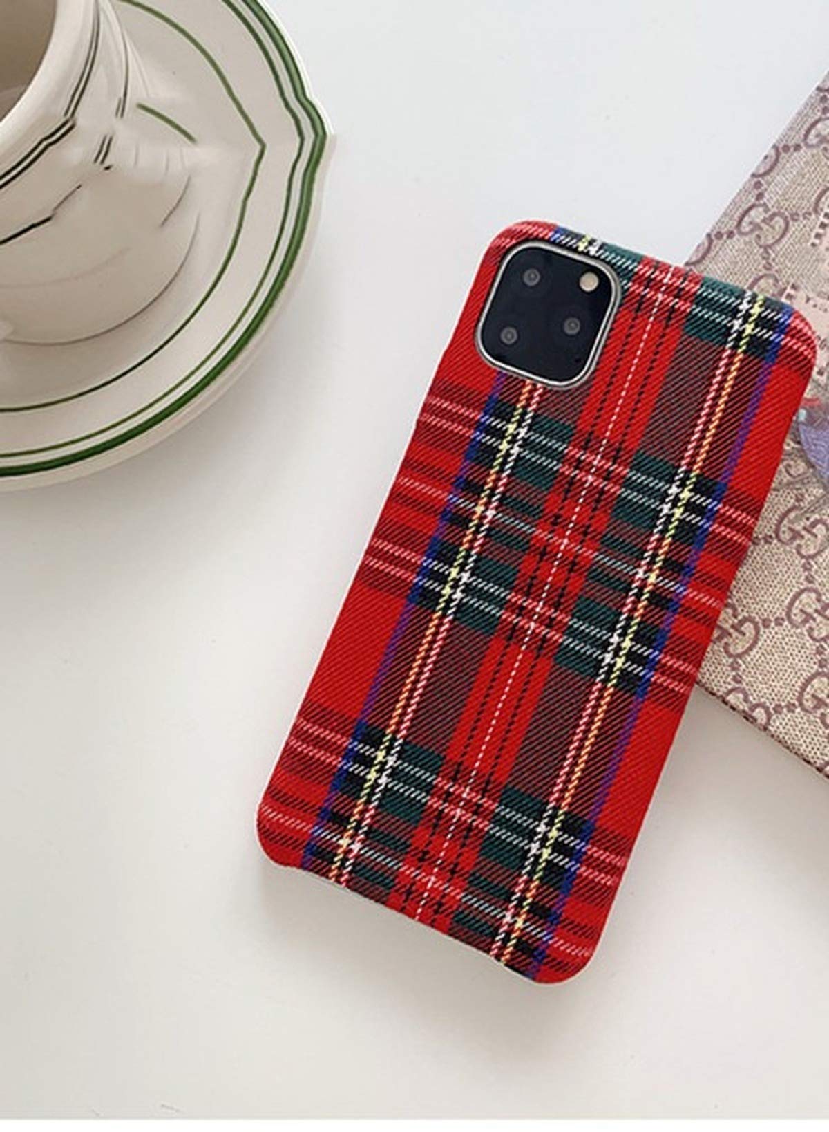 Soft Flannel Plaid Phone Case for iPhone 11/12/Pro/Max/SE/7/8/6/6S/XR/X/XS - Cozy Plush Fabric Cover with Anti-Slip Grip (Red) - Perfect for Winter, Home & Office Use