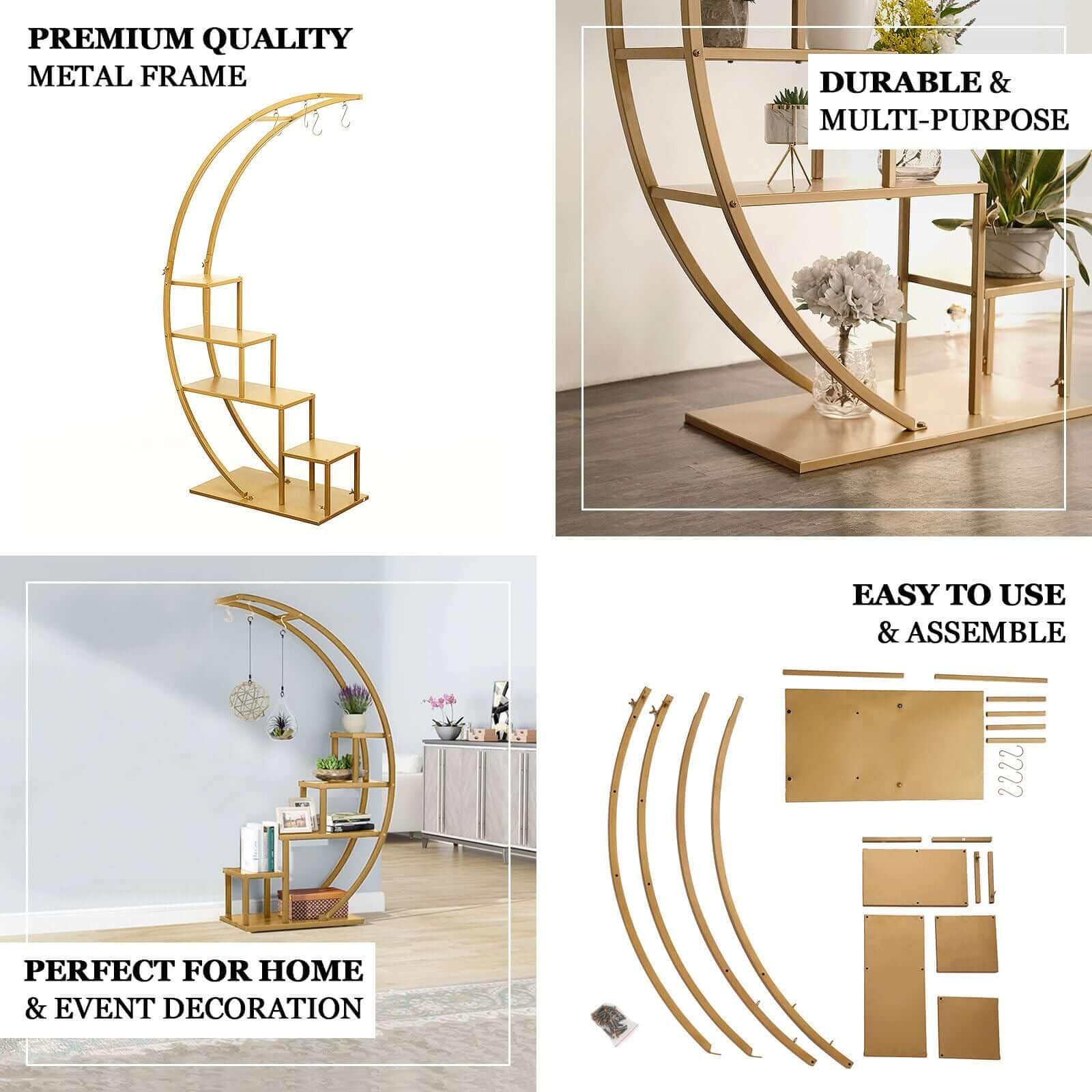 Efavormart 4.5ft Gold Metal 4-Tier Half Moon Plant Shelf with Hanging Hooks - Cupcake Dessert Display Stand for Home Decor, Wedding, Party & Retail Store Display