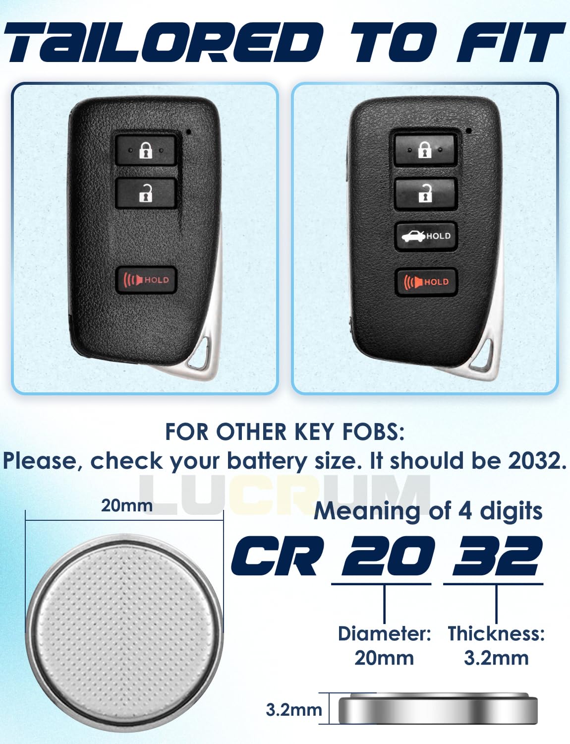 Lexus Key Fob Battery Replacement - 2 Pack CR2032 Batteries for Lexus ES, GS, IS, LX, NX, RC, RX (2015-2020 Models) - Long-Lasting Power for Car Remote Key - Perfect for Emergency Key Replacement & Everyday Use