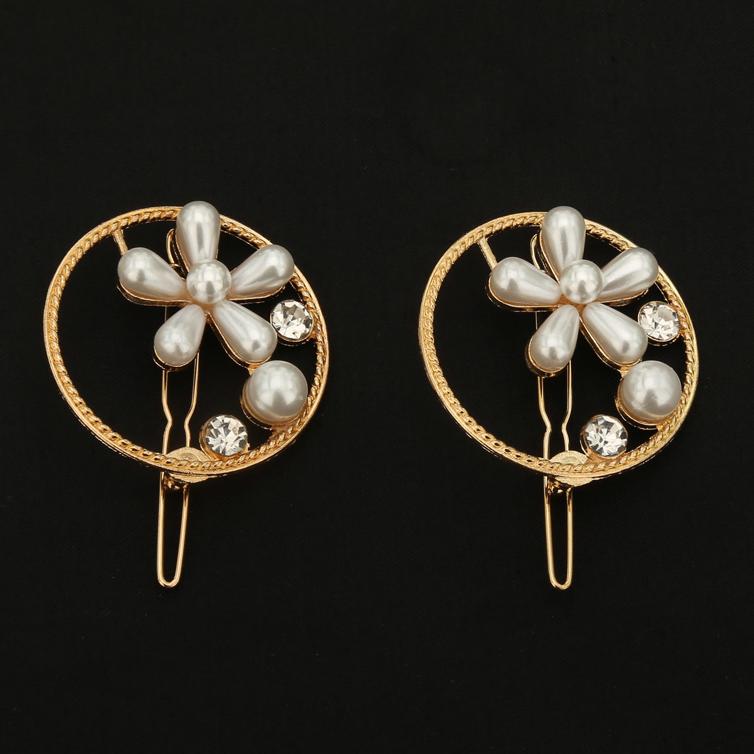 HOC® Pearl Rhinestone Hair Clips for Women - Round Crystal Hairpins & Barrettes for Wedding, Anniversary, Prom - 2 Pack Gold Hair Accessories (Perfect for Bridal, Party, and Special Occasions)