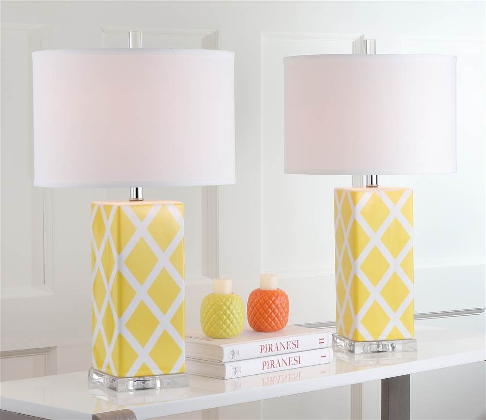 SAFAVIEH Modern Yellow 27-inch Table Lamp Set of 2 with LED Bulbs - Contemporary Garden Lattice Trellis Design for Bedroom, Living Room, Home Office & Nightstand Lighting