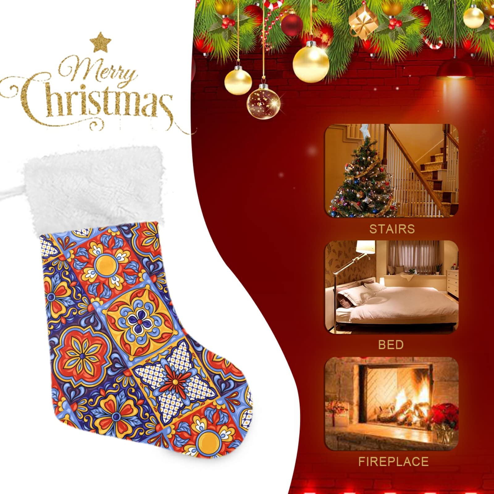 Personalized Mexican Talavera Christmas Stockings - 18 Inch Large Xmas Stockings with Cute Snowflake Design for Holiday Decorations, Family Parties & Christmas Gifts | Perfect for Fireplace Mantel, Tree Decor & Festive Home Decor