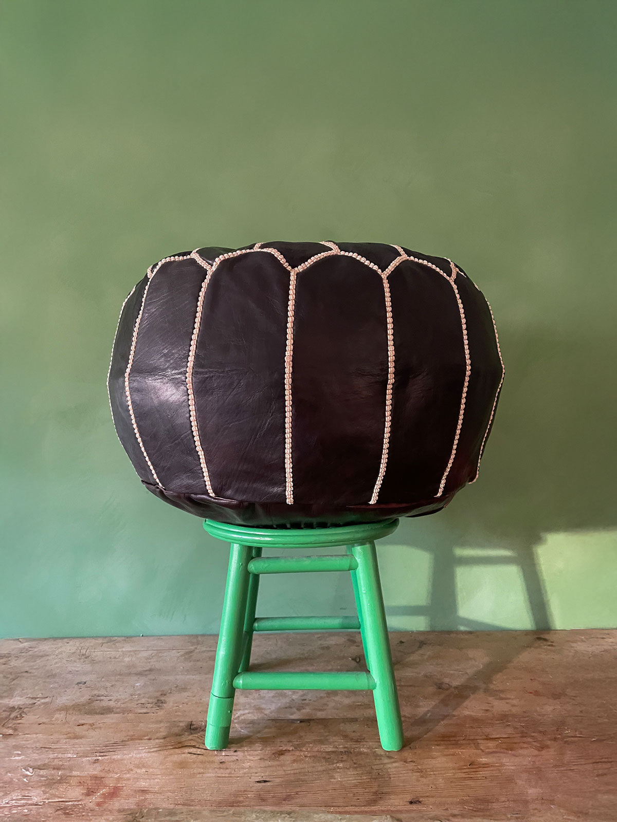 Handmade Moroccan Leather Pouffe Ottoman - Ebony Brown Genuine Leather Footstool for Living Room, Bedroom & Boho Decor