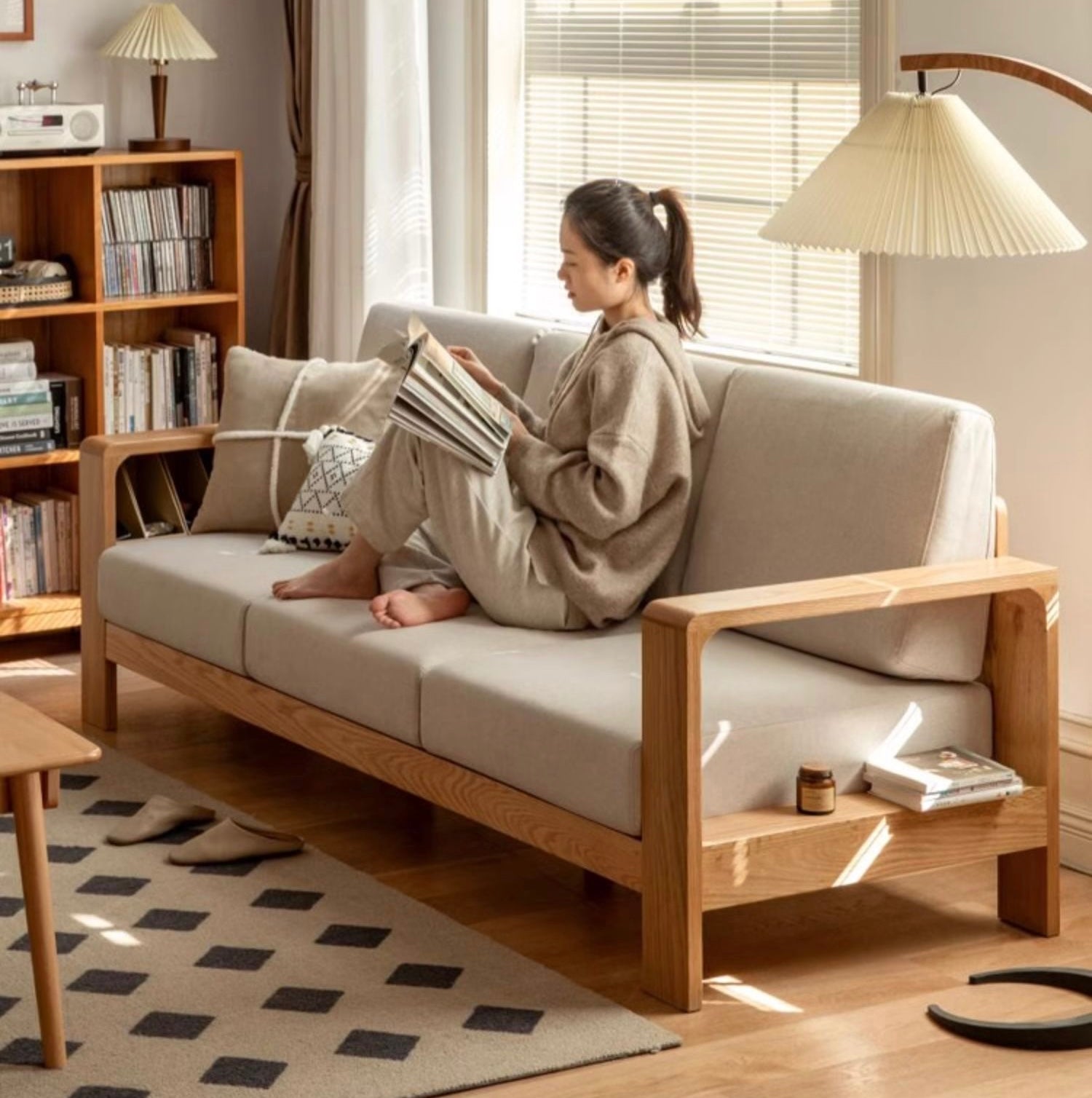 Oak Solid Wood Modern Fabric Sofa - Contemporary Living Room Furniture for Small Spaces & Apartments | Durable & Stylish Home Decor