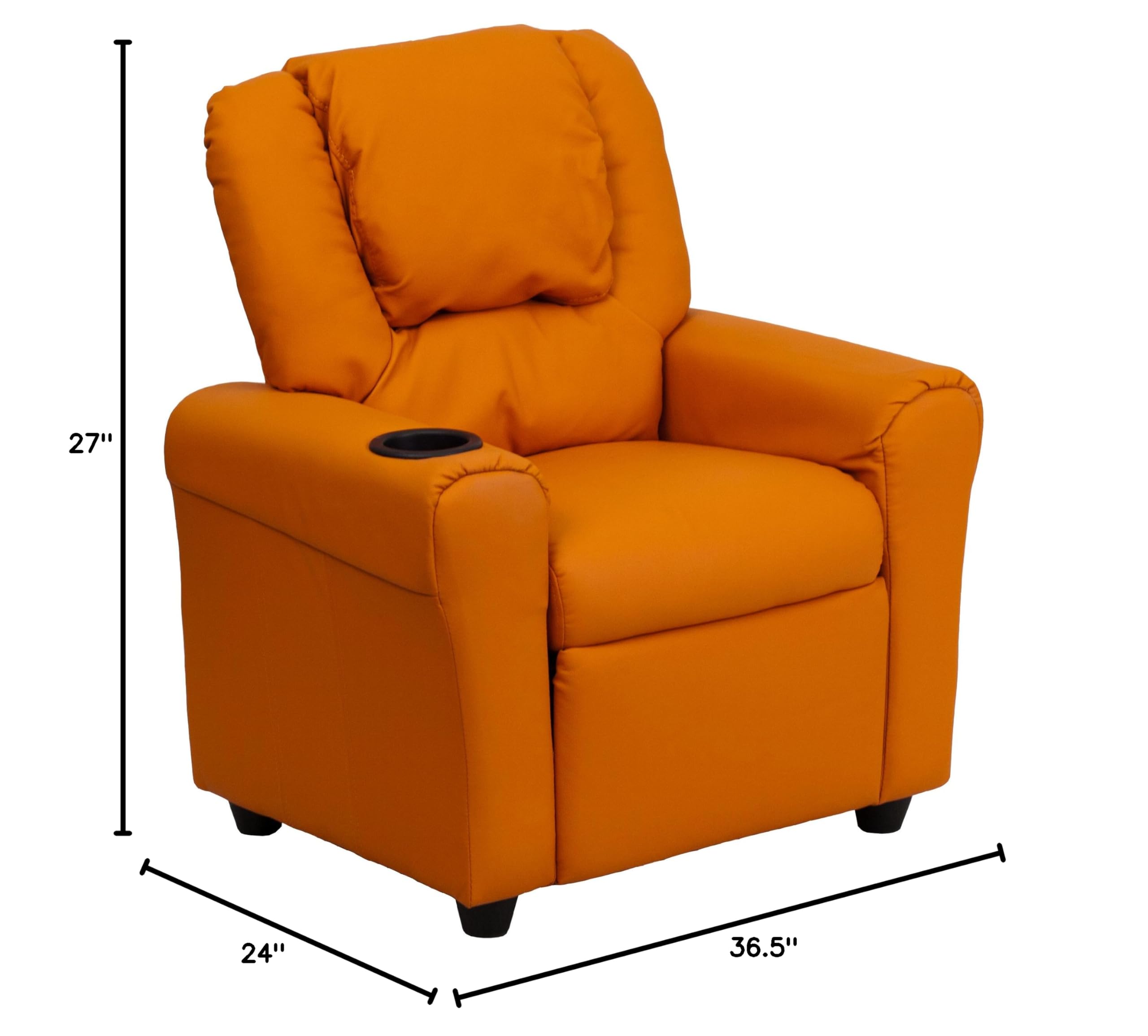 Kids Recliner Chair with Cup Holder & Headrest - Soft Orange Vinyl for Playroom, Bedroom or TV Room - Comfortable Children's Furniture for Reading & Relaxing