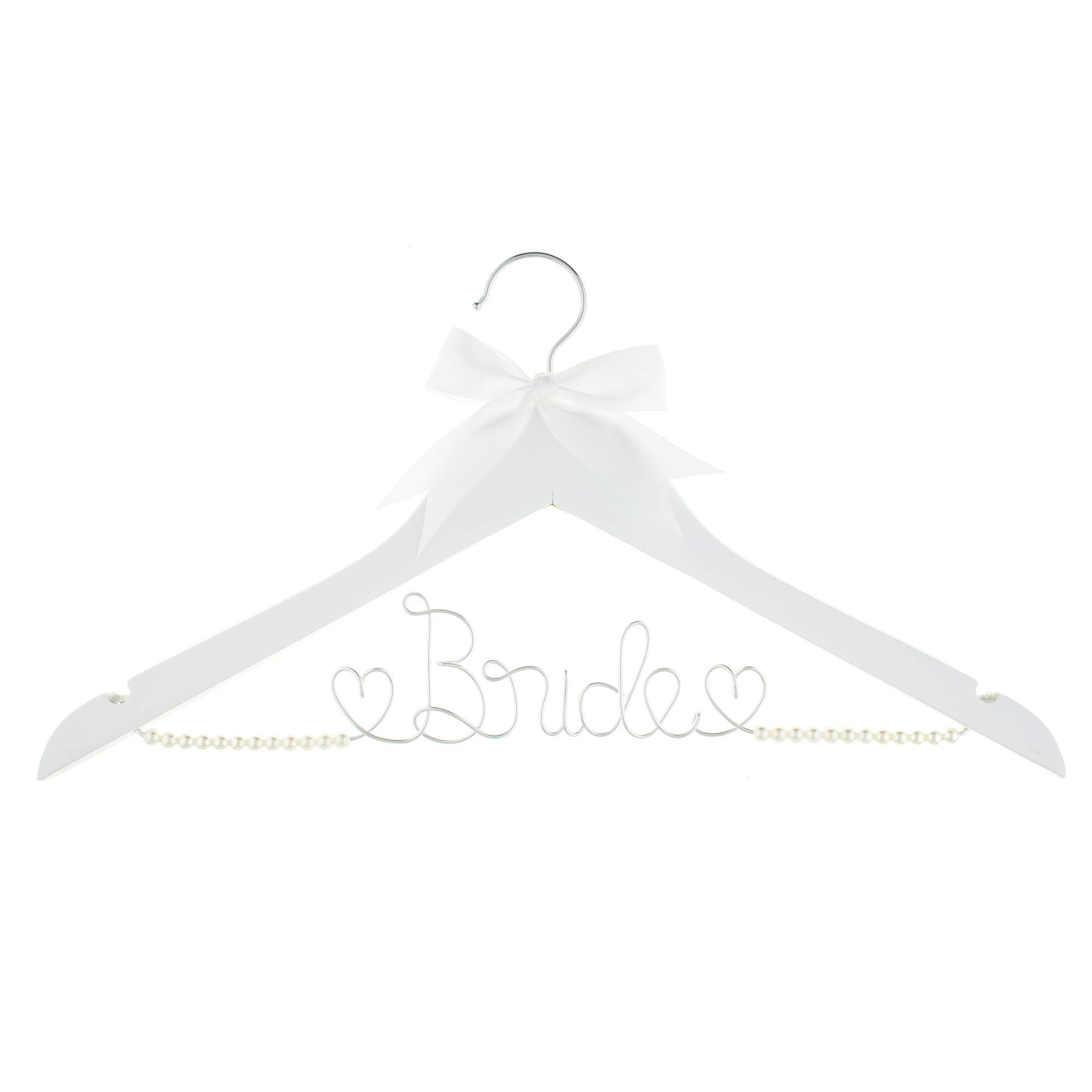 Elegant Wooden & Wire Wedding Dress Hanger for Bride - White with Silver Wire & Strand Pearls - Perfect for Bridal Gowns, Dresses and Special Occasion Wardrobe Organization