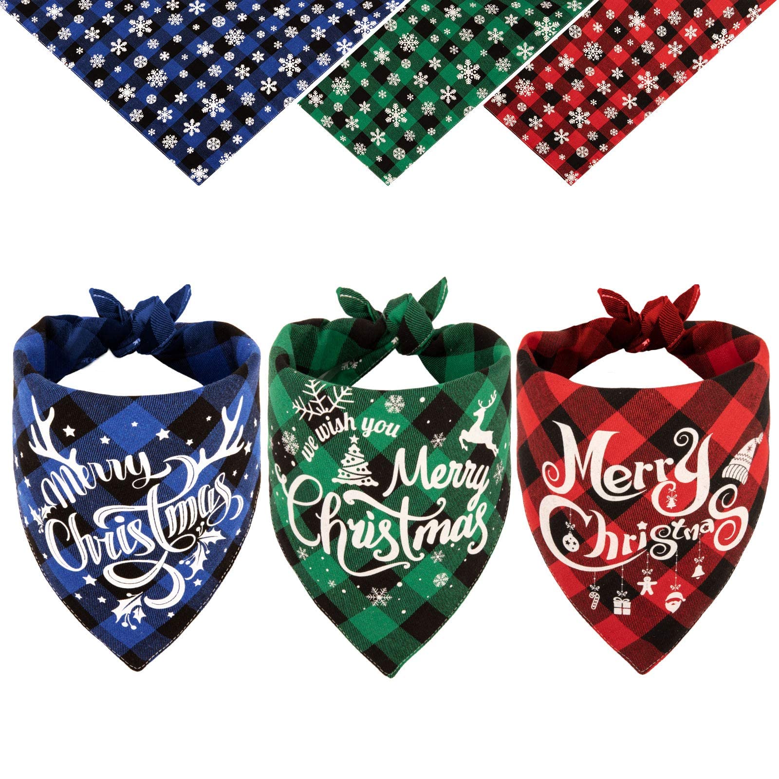 Christmas Dog Bandanas - 3 Pack Reversible Buffalo Plaid Pet Bandanas with Holiday Snowflake Print for Small Medium Large Dogs & Cats | Adjustable Cute Christmas Pet Outfit for Holiday Photos, Parties & Family Gatherings