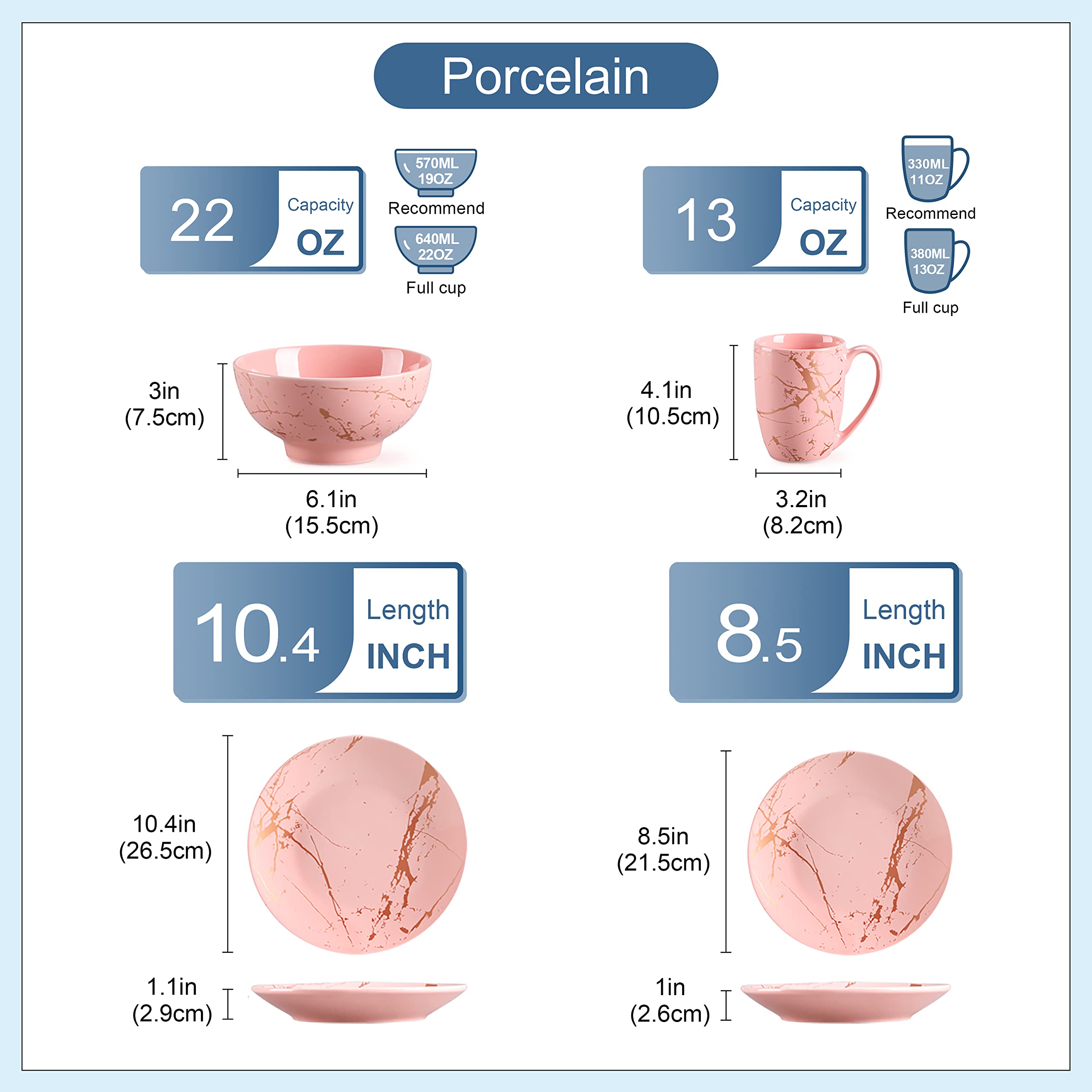 LOVECASA 32-Piece Porcelain Dinnerware Set for 8 - Pink Plates & Bowls with Gold Splash Glaze, Modern Ceramic Dish Set, Dishwasher & Microwave Safe - Perfect for Family Dinners, Parties & Restaurant Use