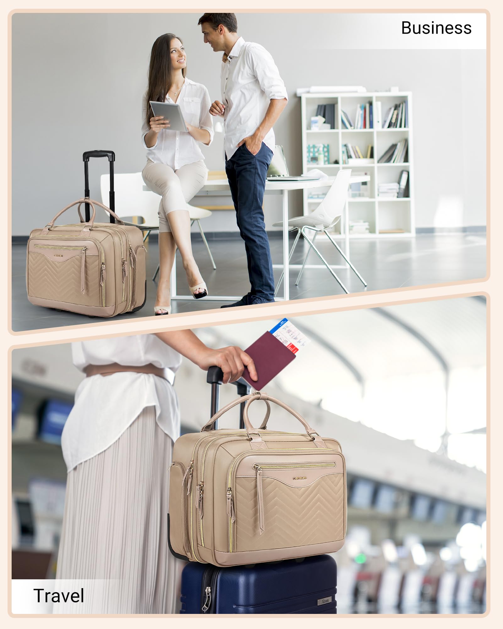 LIGHT FLIGHT 17.3 Inch Rolling Laptop Bag for Women - Wheeled Computer Briefcase with Telescopic Handle, Champagne - Perfect for Business Travel, Work Commute & Overnight Trips