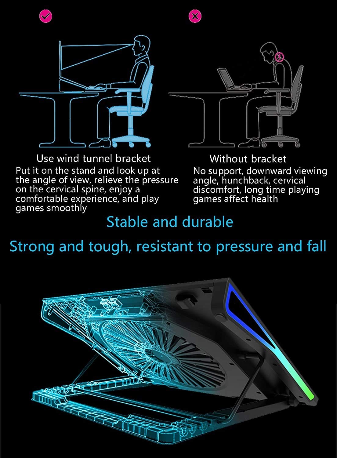 15.6-17.3 Inch Laptop Cooling Pad with Quiet Dual Fans, LED Lights & 2 USB Ports - Adjustable Height Stand for Better Airflow - Perfect for Gaming, Office Work & Home Use