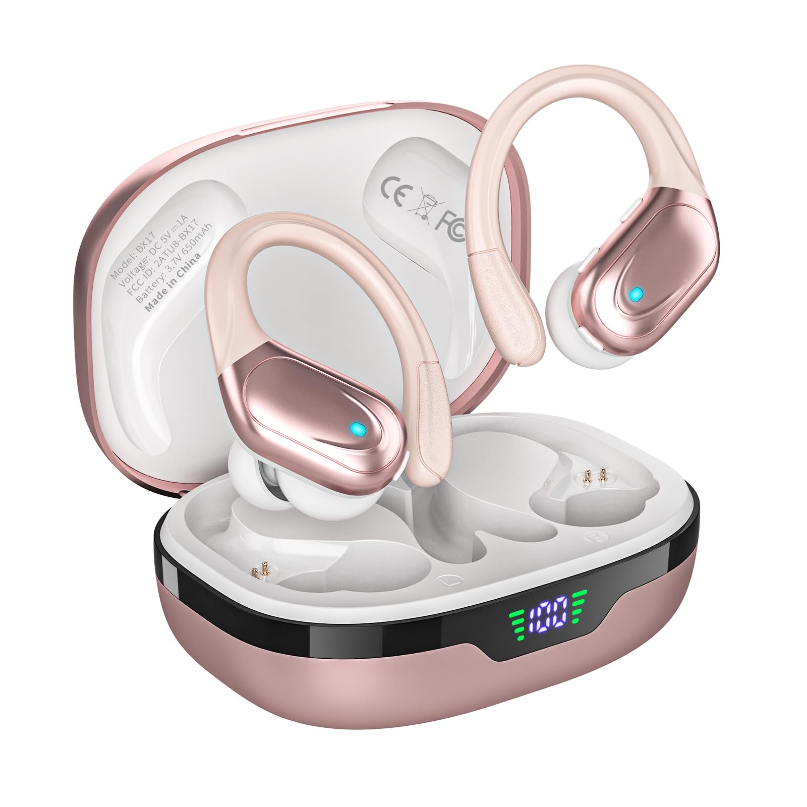 Wireless Bluetooth Earbuds with Earhooks - 80H Playtime, ENC Noise Cancelling, IP7 Waterproof - HD Mic Stereo Sport Headphones for Running, Workout, Gym & Outdoor Activities (Rose Gold)