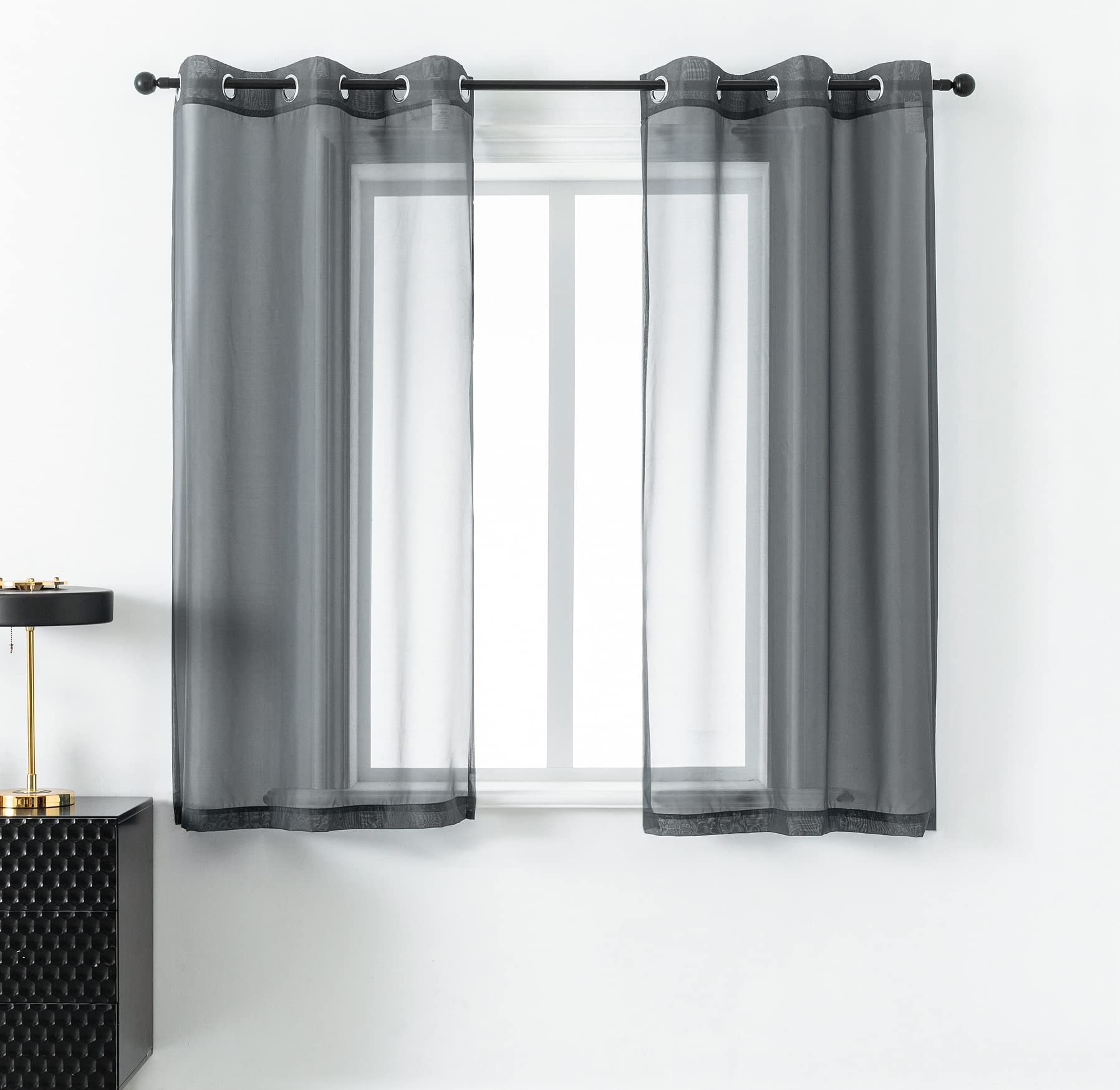DUALIFE Charcoal Grey Semi-Sheer Curtains 42x45 Inches - Set of 2 Panels for Bathroom & Bedroom Windows | Light Filtering Privacy Drapes for Small Windows | Home Decor & Room Darkening Solutions