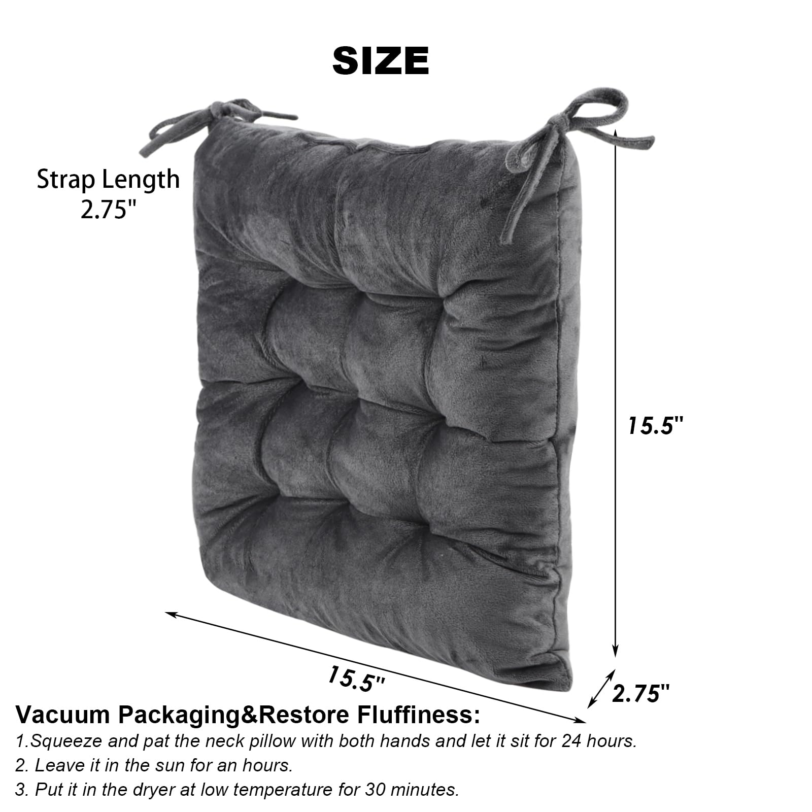 4 Pack Square Seat Cushions - Soft Velvet Chair Pads with Ties for Kitchen, Dining, Office & Living Room - 15.5