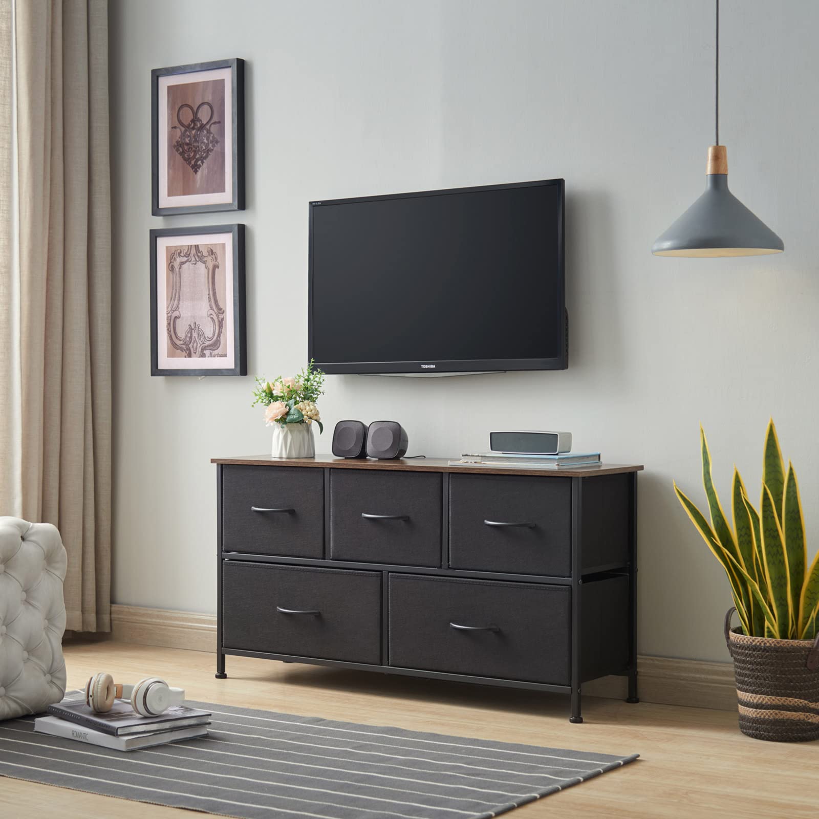 5-Drawer Dresser for Bedroom - Wide Storage Chest with Removable Fabric Bins - Black Dresser Organizer for Closet, Nursery, Living Room, Laundry & Entryway - Perfect for Small Space Organization & Home Decor
