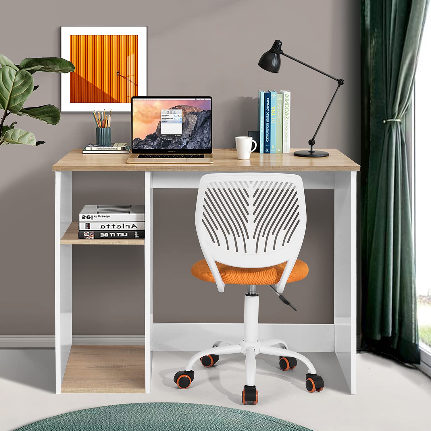 Solid Wood 2-Tier Computer Desk with Storage Shelf - Ergonomic Writing Study Desk for Laptop & Office Work - Perfect for Home Office, Bedroom, Dorm Room or Small Spaces