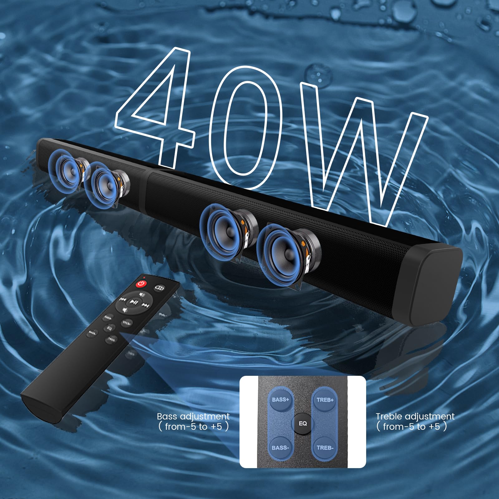 Premium 40W 2.1 Channel Bluetooth 5.0 Soundbar for Smart TV - Wireless & Wired Home Theater Speaker System with HDMI-ARC/Optical/AUX, Detachable Design for Enhanced Audio - Perfect for Movie Nights & Gaming Setup