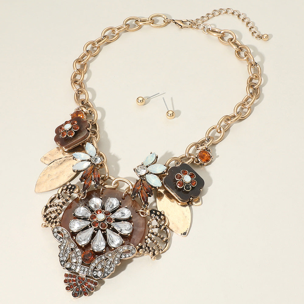 Elegant Flower Brown & Gold Embellished Resin Pendant Statement Necklace for Women - Perfect for Weddings, Parties & Special Occasions