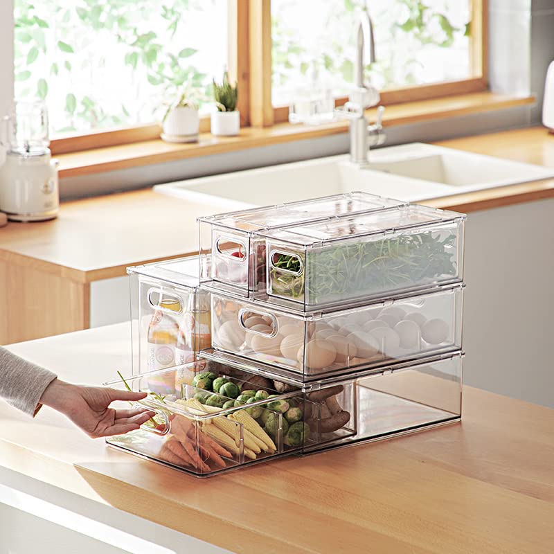 2 Pack Stackable Refrigerator Organizer Bins with Pull-out Drawer - Clear Plastic Fridge Storage Containers with Handle for Kitchen Pantry Organization | Perfect for Fruits, Vegetables & Snacks Storage