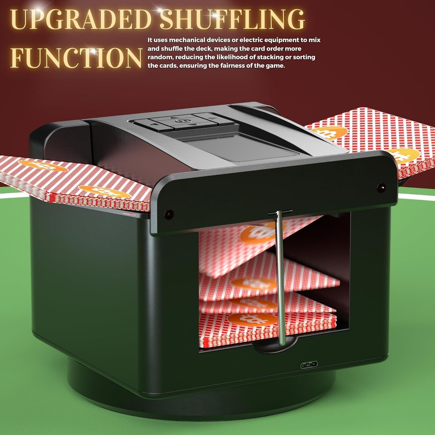 360° Rotating Automatic Card Shuffler & Dealer Machine - Rechargeable, Programmable Black Playing Cards Shuffler & Distributor for Casino Nights, Poker Games & Family Card Parties