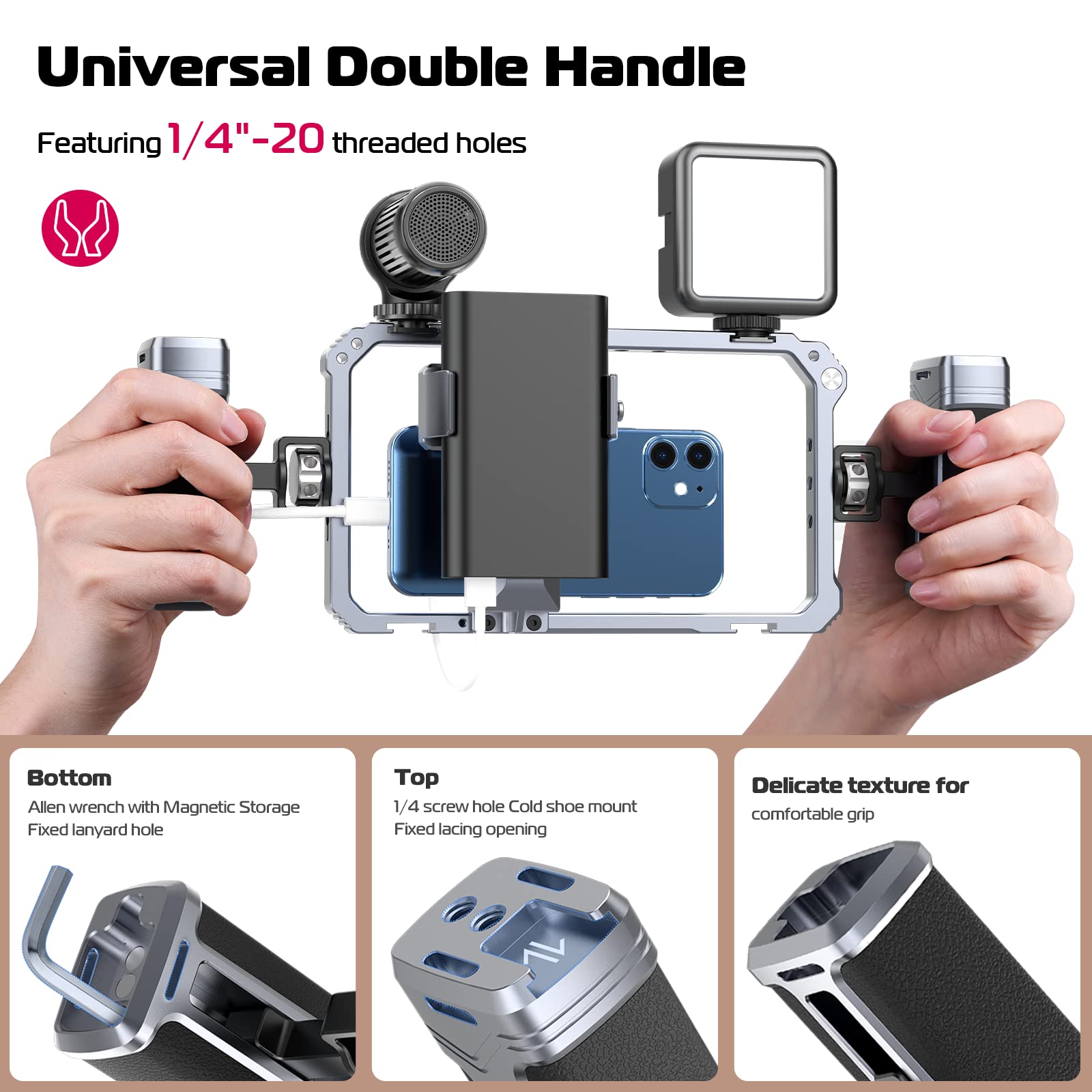 ULANZI Universal Aluminum Phone Video Rig Kit with Handles - Handheld Stabilizer Grip for iPhone 16/15/14/13/12/11/X/8 Plus & Android Smartphones - Perfect for Vlogging, Filmmaking & Content Creation
