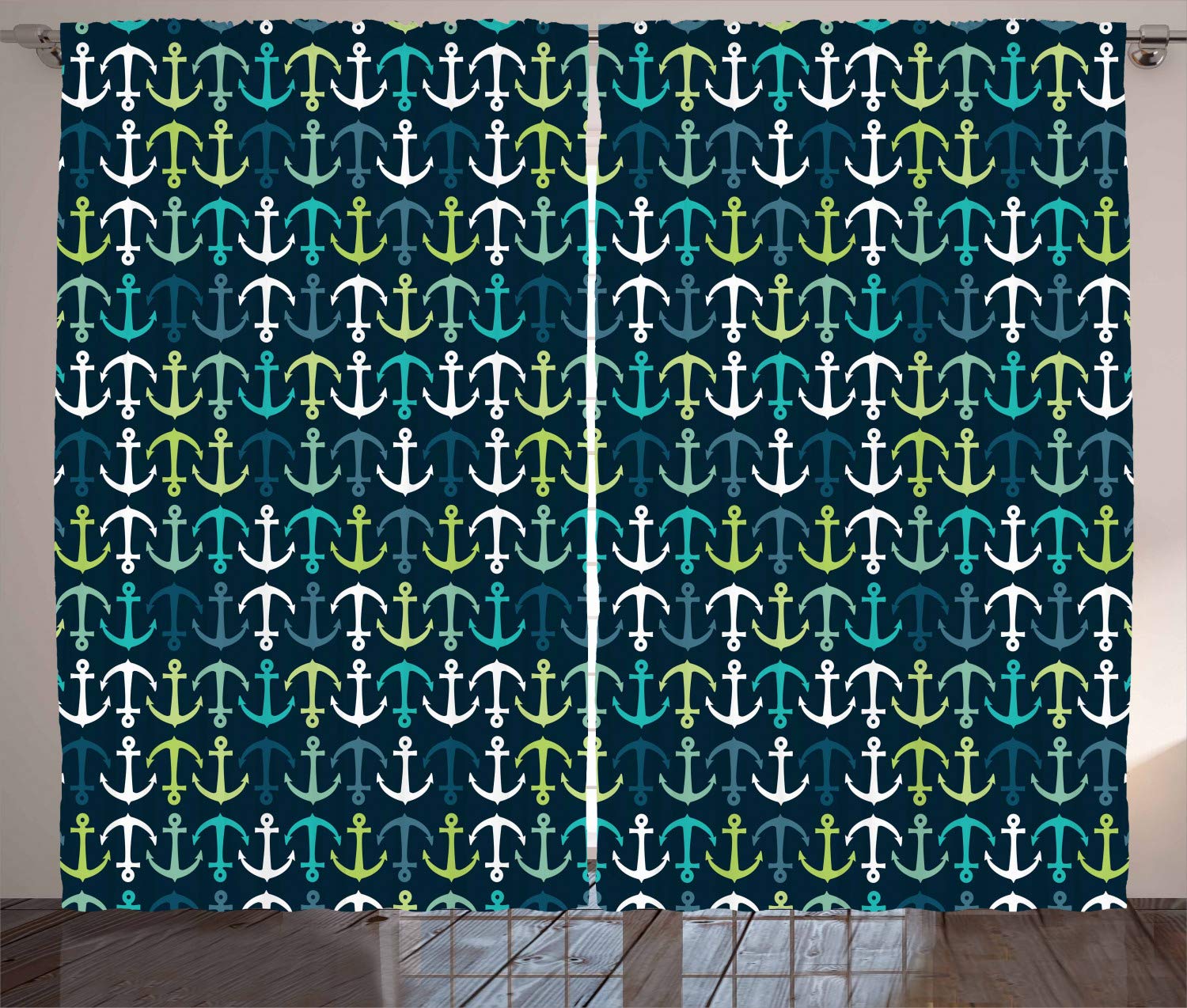 Ambesonne Nautical Anchor Curtains - Dark Blue Green White Maritime Design with Anchors, 108