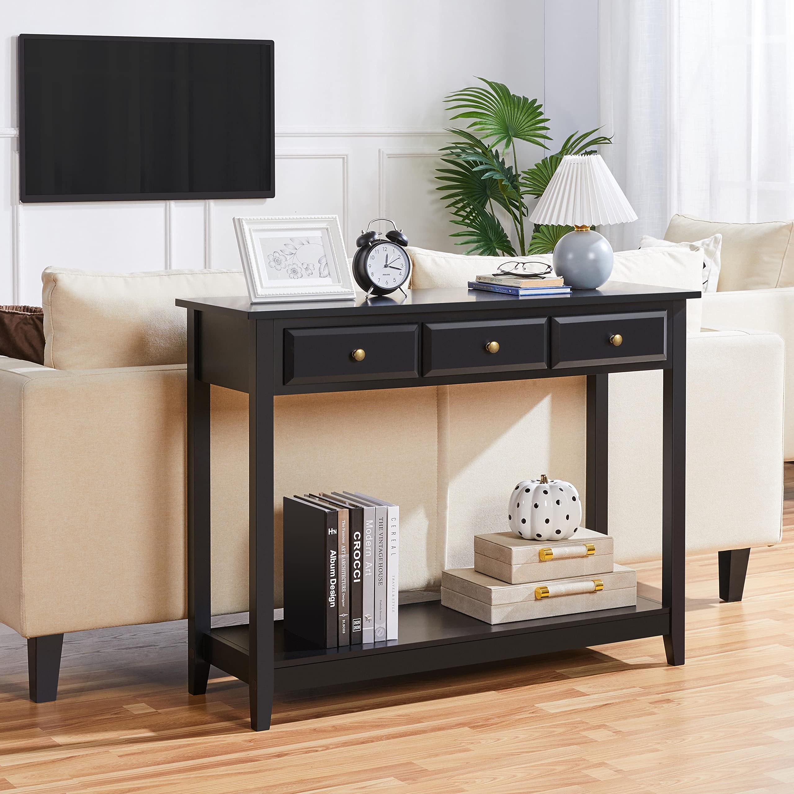 Yaheetech 3-Drawer Wooden Console Table with Storage Shelf - Narrow Long Entryway Sofa Table for Living Room, Hallway, Foyer - Perfect for Small Spaces & Home Organization (Black)