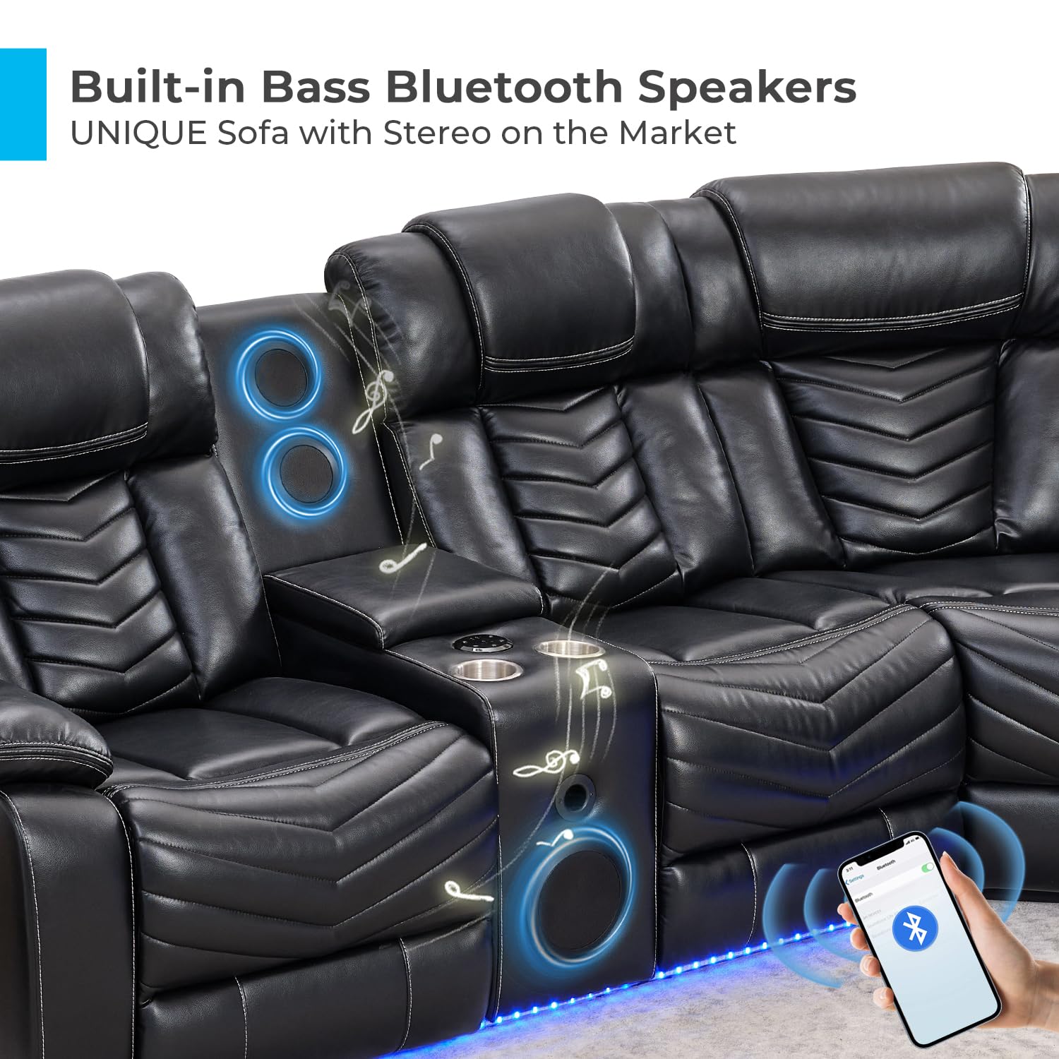 Electric Power Recliner Sectional Sofa Set with Built-in Bass Speakers & LED Lights - Faux Leather Corner Couch for Living Room - Home Theater Reclining Sofa (Black) | Perfect for Movie Nights, Gaming & Relaxation
