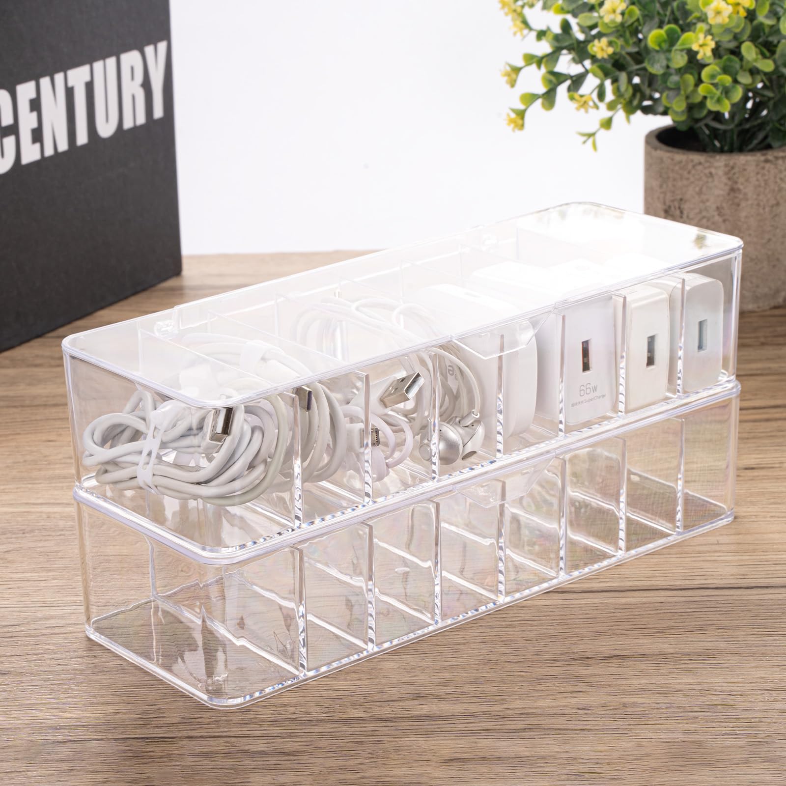 HOMEE 2-Pack Clear Plastic Cable Organizer Box with Lid - 8 Compartment Cord Storage for Chargers, Wires & Electronics - Perfect for Home, Office Drawer & Travel Organization (Cable Management Solution)